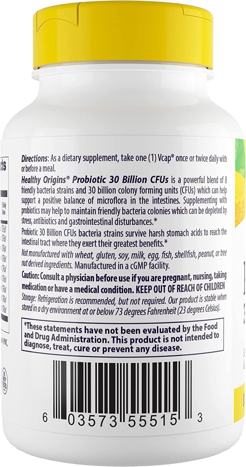 Healthy Origins Probiotic 30 Billion CFU's - Shelf Stable, Non-GMO, Gluten Free | Digestive & Immune Health - 60 Veggie Caps