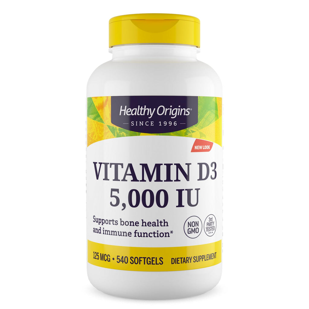 Healthy Origins Vitamin D3 5,000 IU Softgels (Lanolin) – Gluten-Free, Easy Absorption – Bone & Immune Support – 540 Softgels