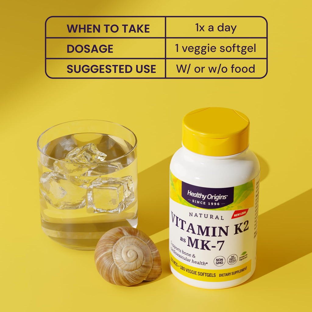 Healthy Origins Vitamin K2 100 mcg MK-7 – Non-GMO, Gluten Free, Bone & Cardiovascular Support | 180 Veggie Gels