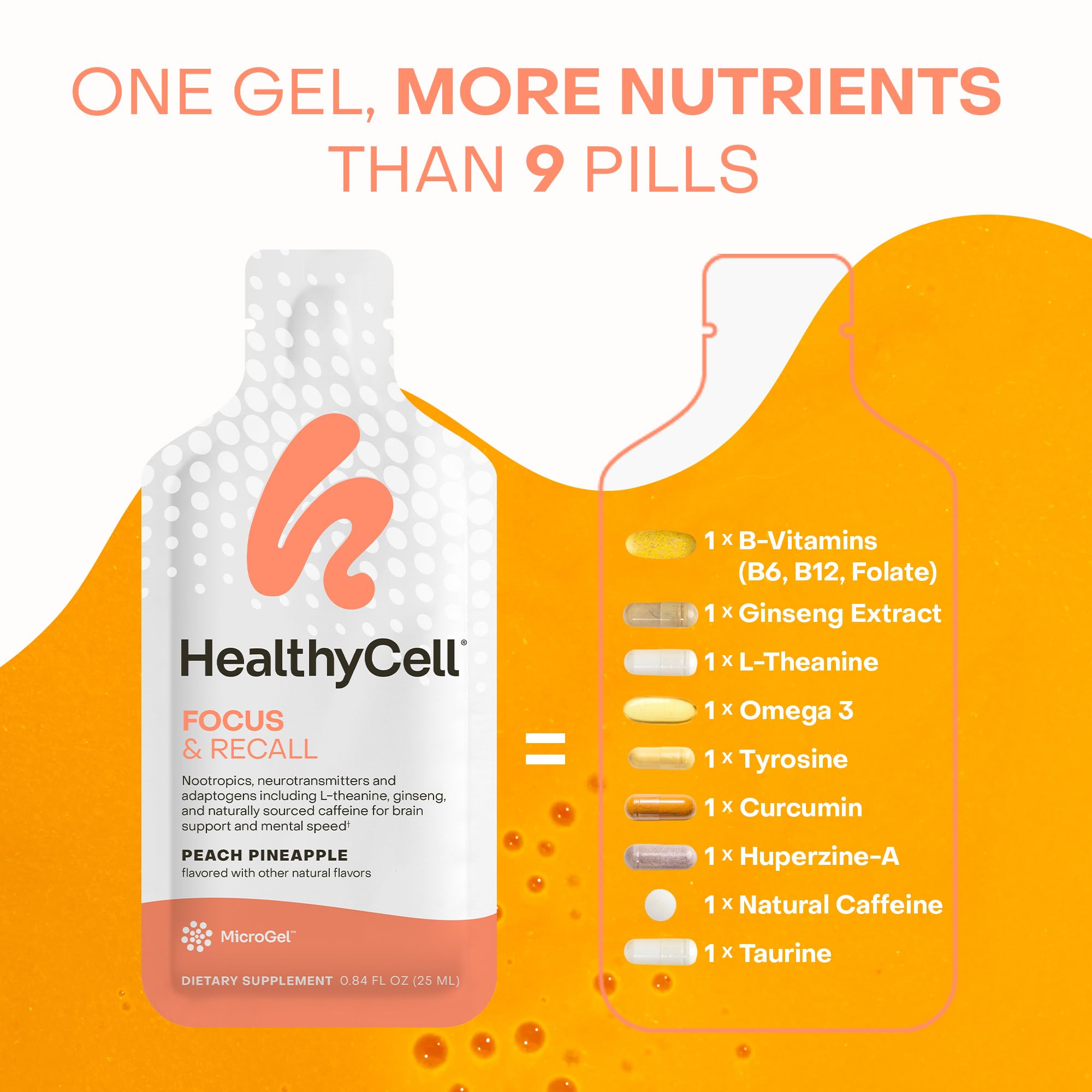 HealthyCell Focus & Recall | Daily Liquid Brain Supplement for Focus & Memory (30 Gel Packs)