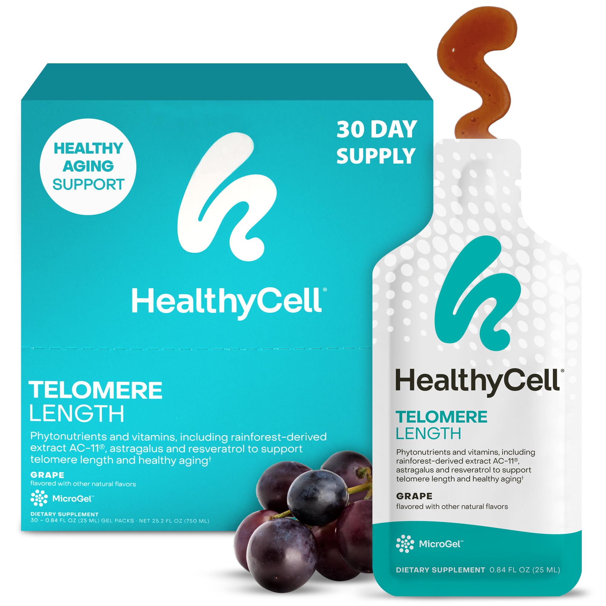 HealthyCell Telomere Length Supplement – AC-11, Astragalus & Resveratrol | 30 Grape Gel Packs