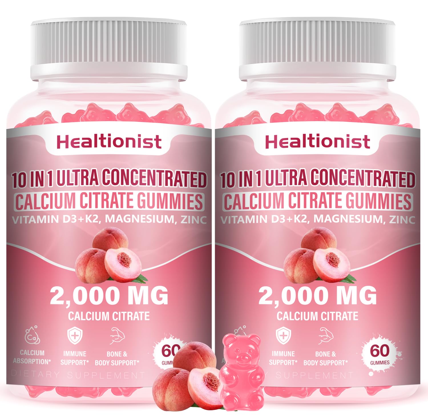 Healtionist 2000mg Calcium Citrate Gummies – D3 & K2, Peach Flavor