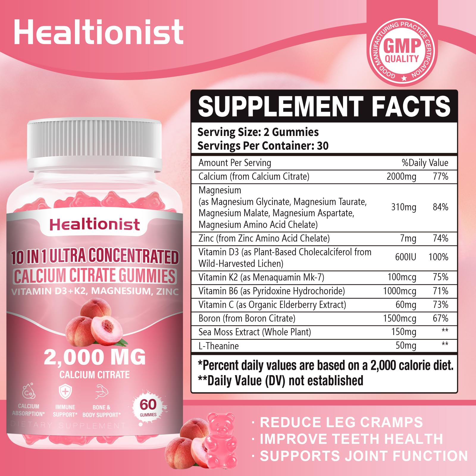 Healtionist 2000mg Calcium Citrate Gummies – D3 & K2, Peach Flavor