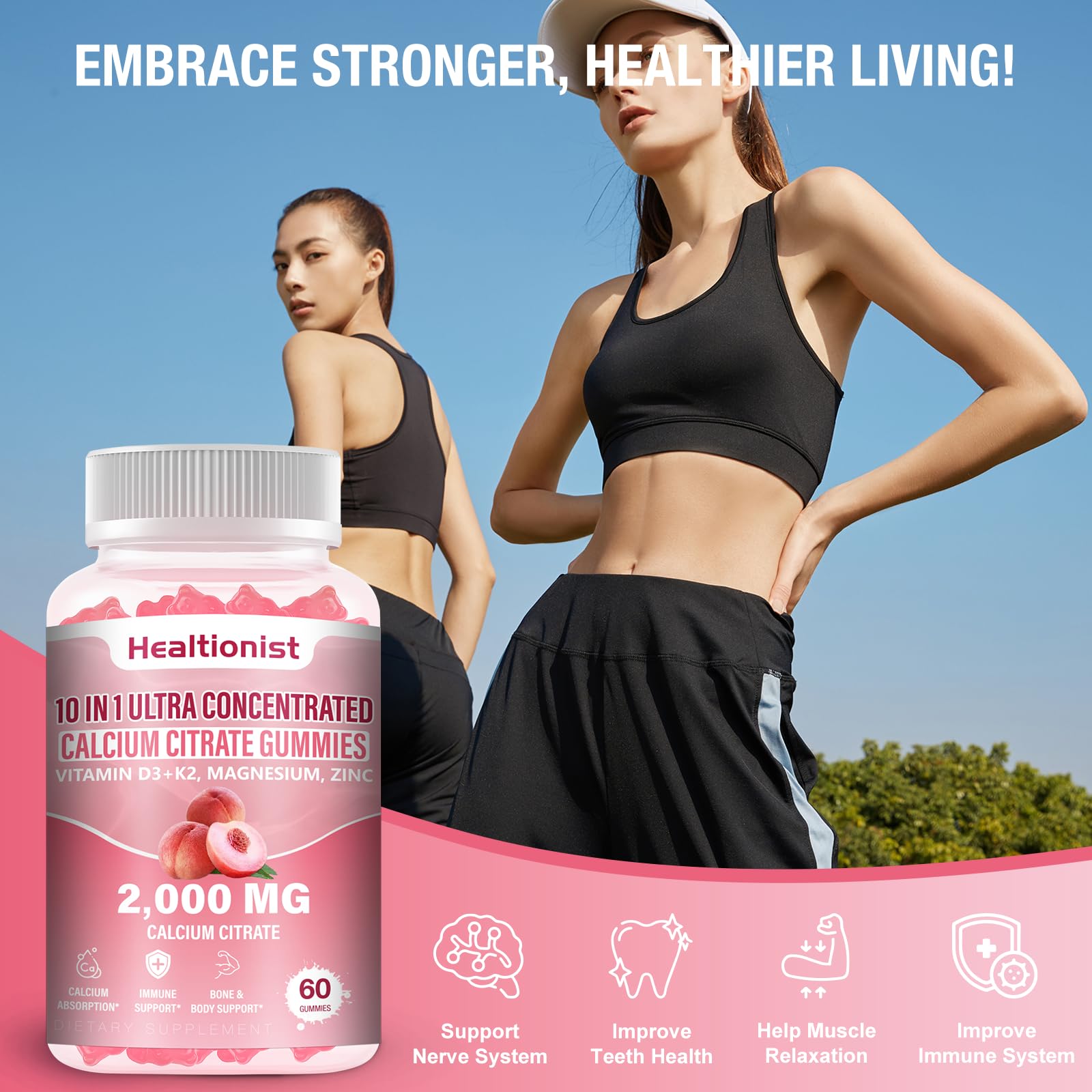 Healtionist 2000mg Calcium Citrate Gummies – D3 & K2, Peach Flavor
