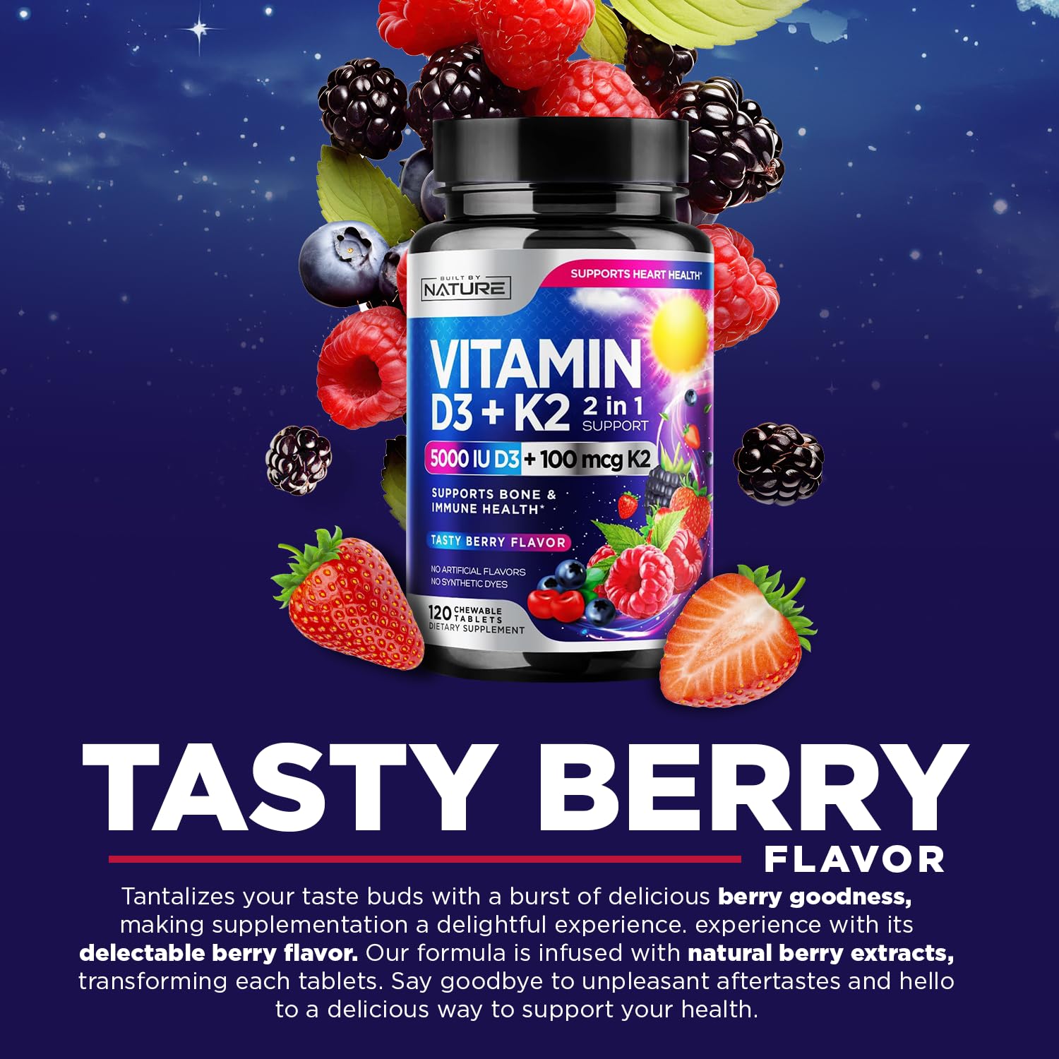 Vitamin D3 K2 Chewable 5000 IU + 100 mcg MK-7 – 2 in 1 Immune, Heart & Bone Support | Berry Flavor | Non-GMO | 120 Tablets