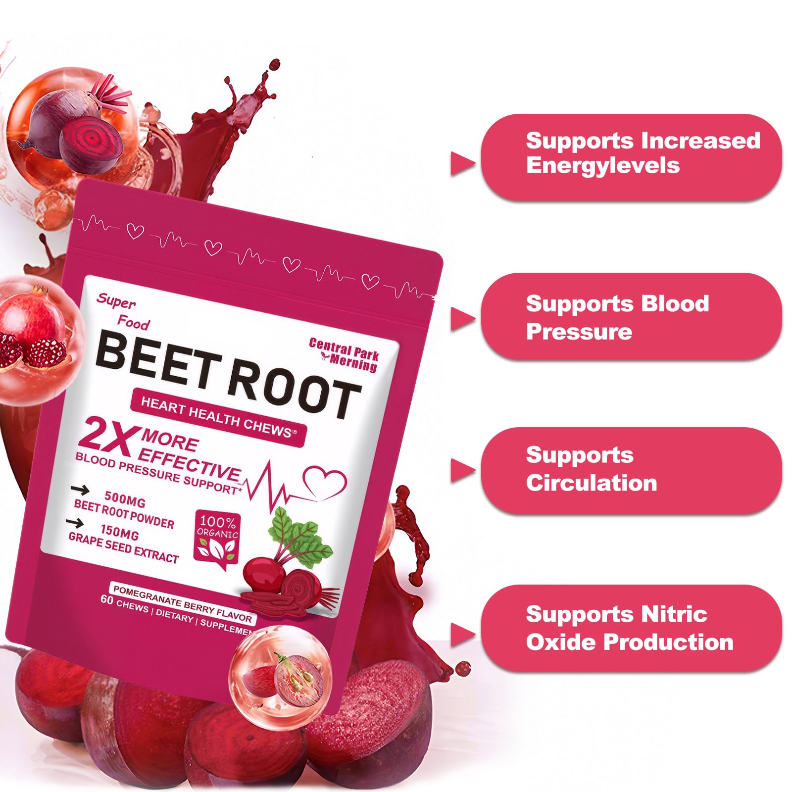 Central Park Beet Root Chews – 2-in-1 Beet & Grape Seed for Heart Health & Energy