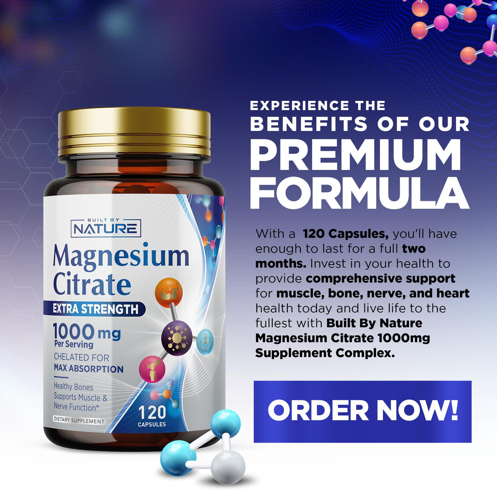 Magnesium Citrate 1000mg - High Absorption Magnesium Complex for Heart, Muscle, Nerve, Bone Health | Vegan, Non-GMO, Gluten-Free - 120 Capsules