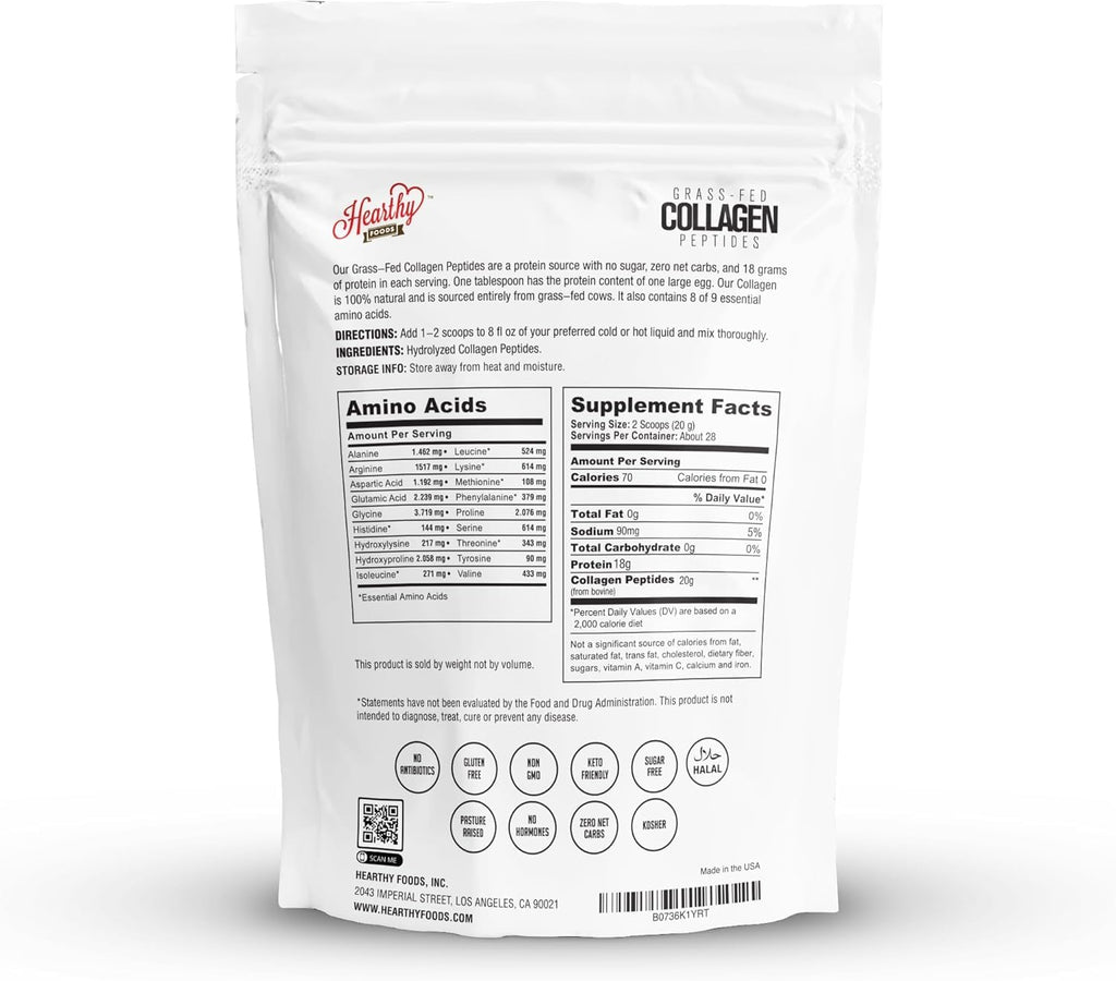 HEARTHY FOODS Collagen Powder 18g Protein - Halal, Grass-Fed, Organic, 16oz