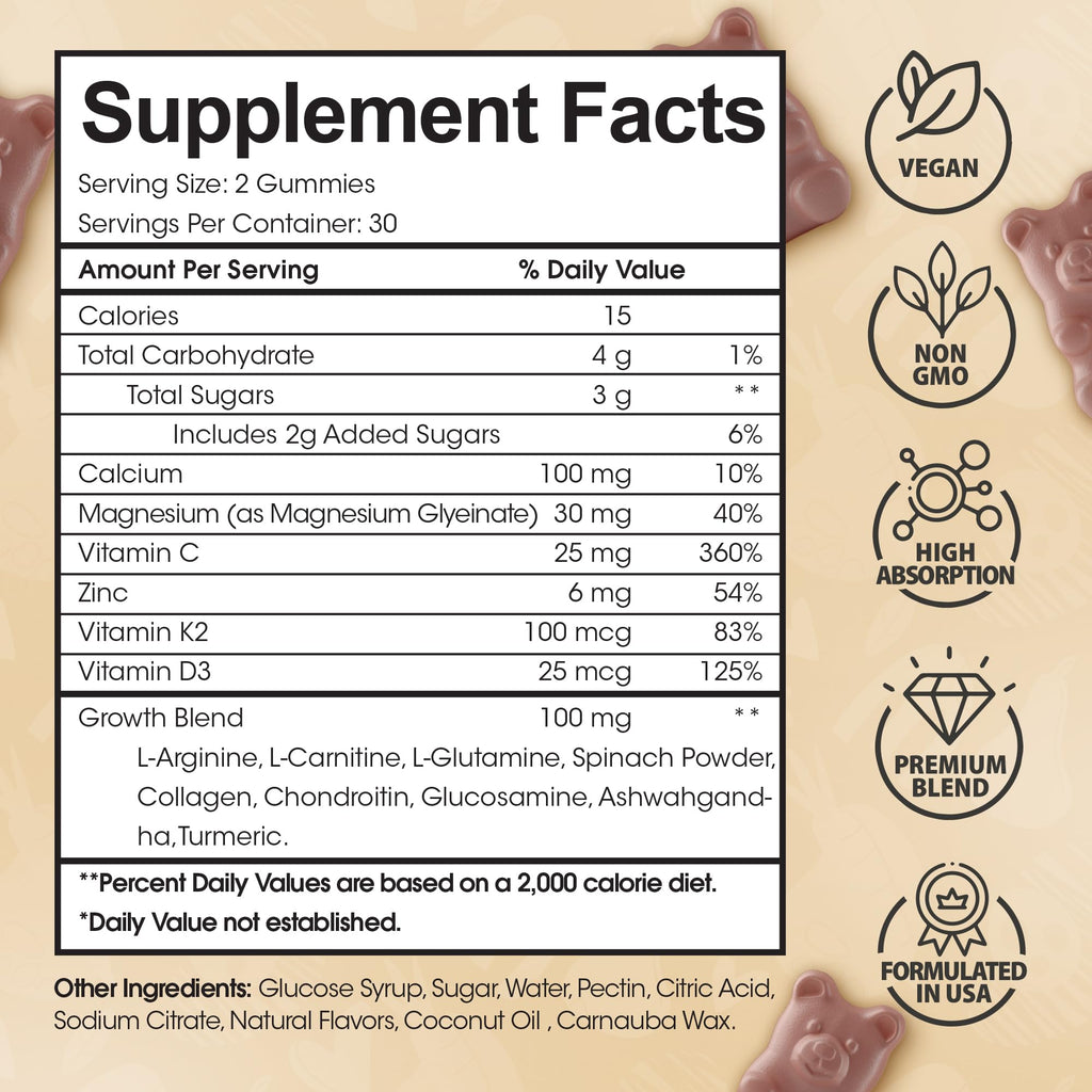 HighSpot Height Growth Gummies – Calcium 100mg, Magnesium Glycinate 30mg, Zinc 6mg, K2 D3 25mcg | Grow Tall Maximizer Multivitamin