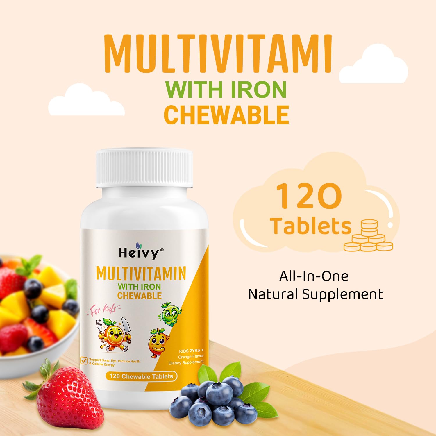 Heivy Children Multivitamin Chewable – 120 Tablets | Vitamin D3, C & B-Complex