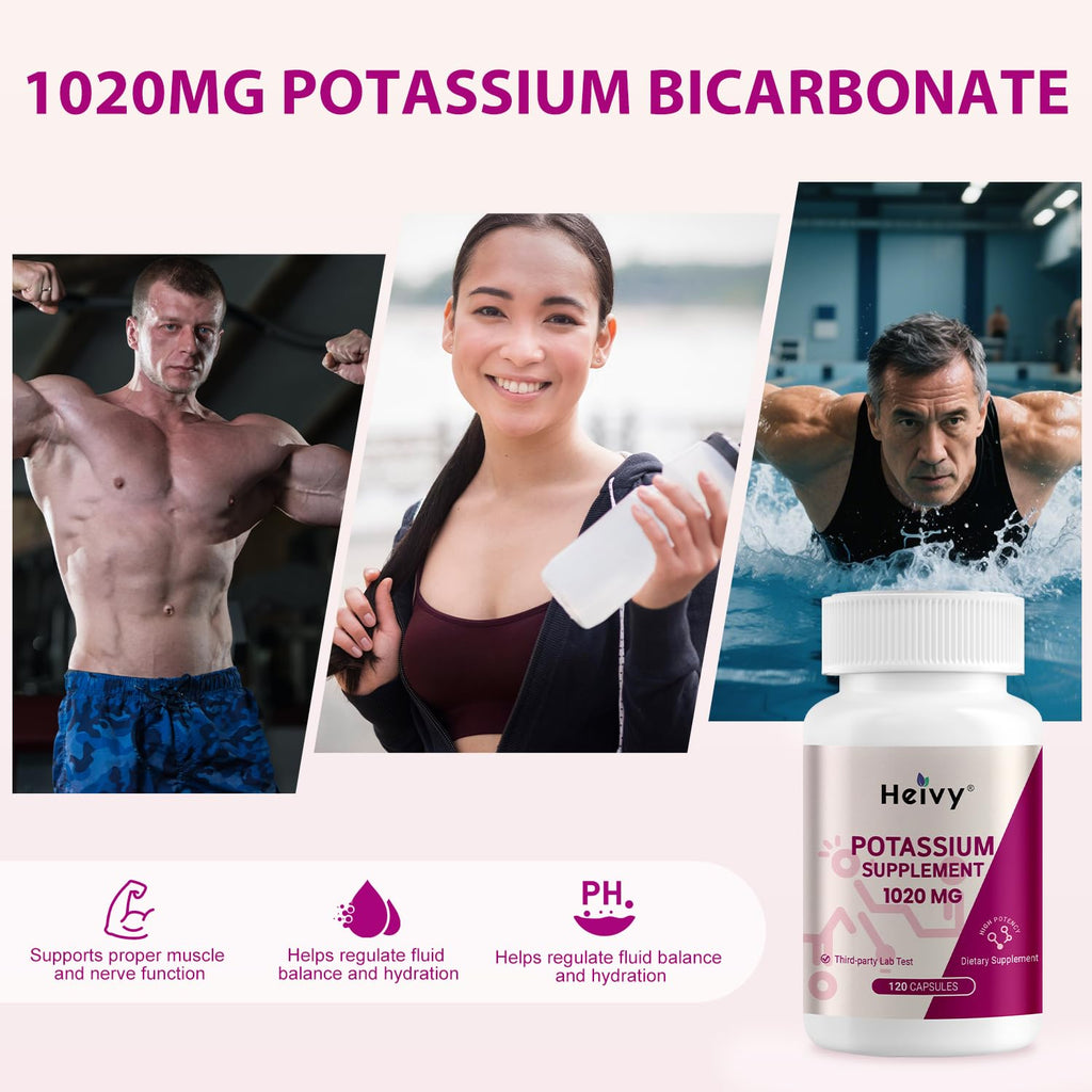 Heivy Potassium Supplement 1020 mg | Electrolyte Balance & Heart Health | 120 Veggie Capsules