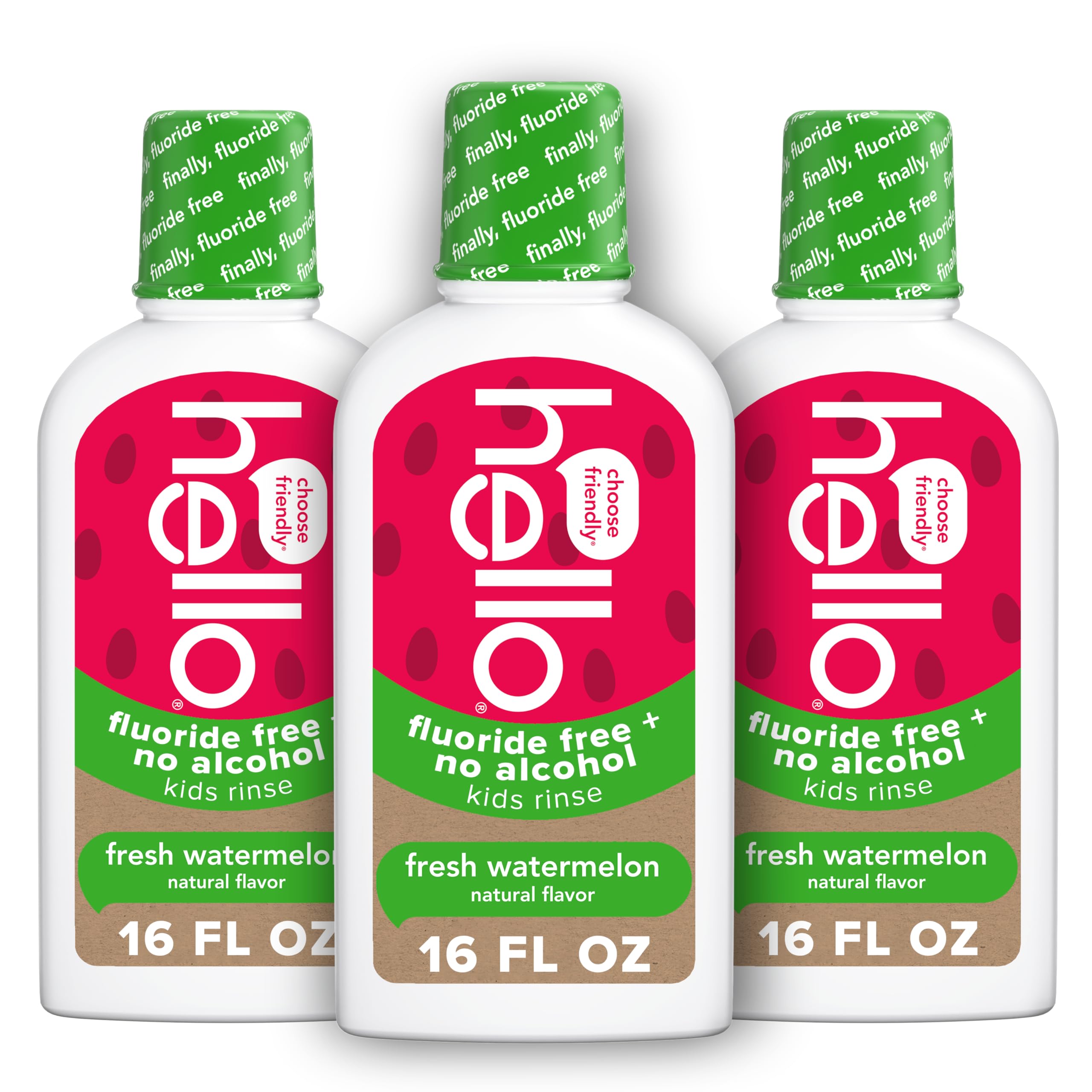 Hello Natural Watermelon Kids Mouthwash - Fluoride Free, Alcohol Free, SLS Free, Vegan (16 oz x3)