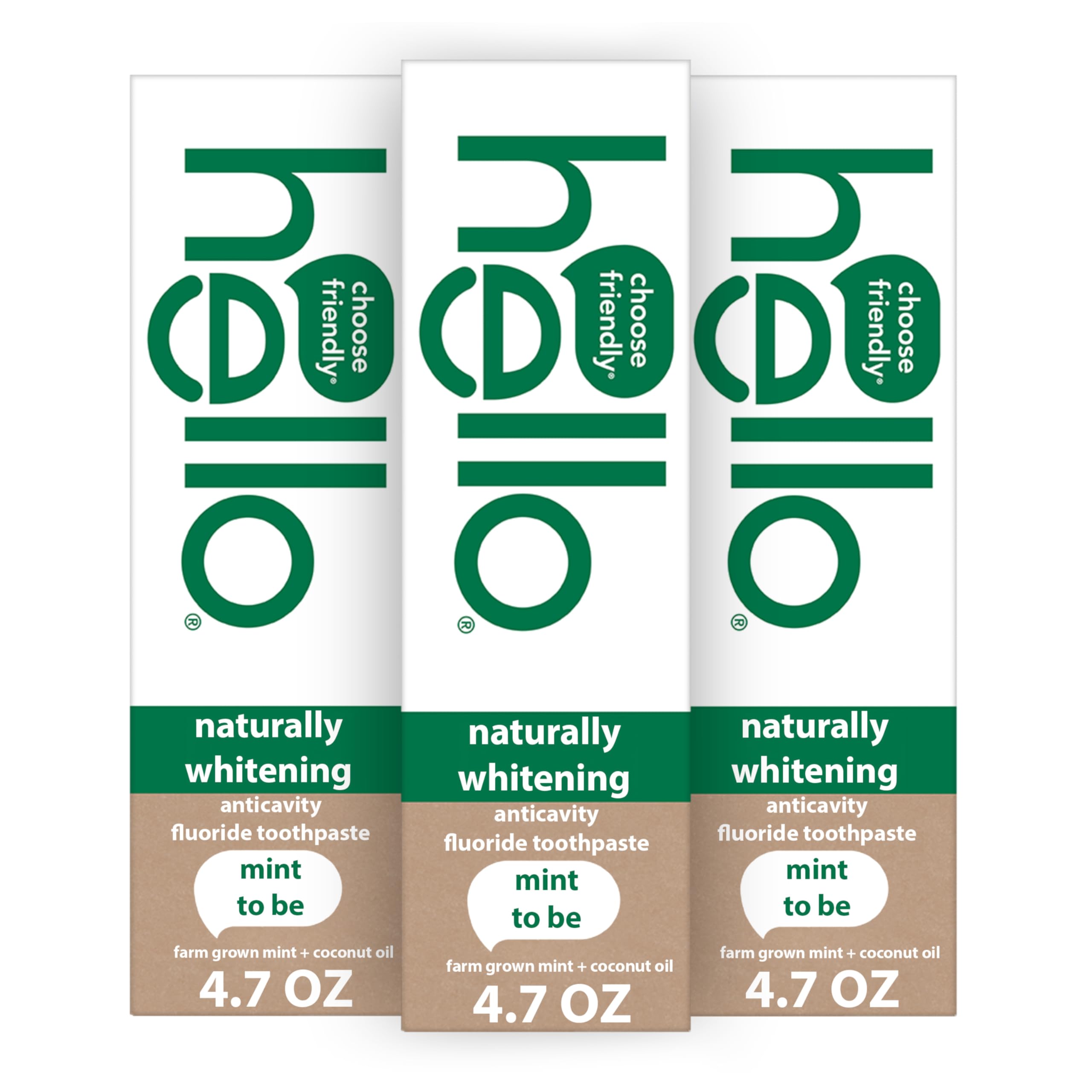 hello Naturally Whitening Fluoride Toothpaste — Mint, 3 Pack (4.7 oz tubes)