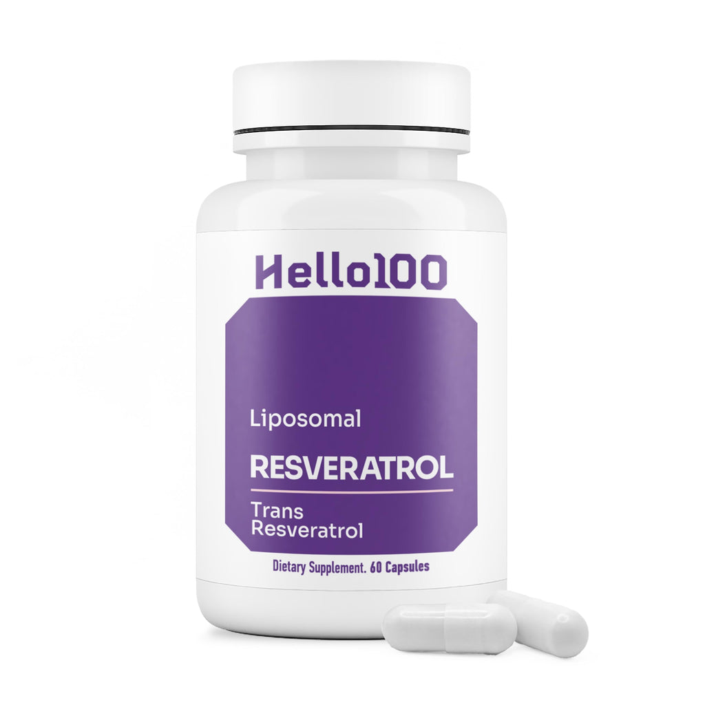 HELLO100 High Purity Liposomal Trans-Resveratrol Supplement - 250mg Capsule, 60 Vegan Capsules | 98% Purity
