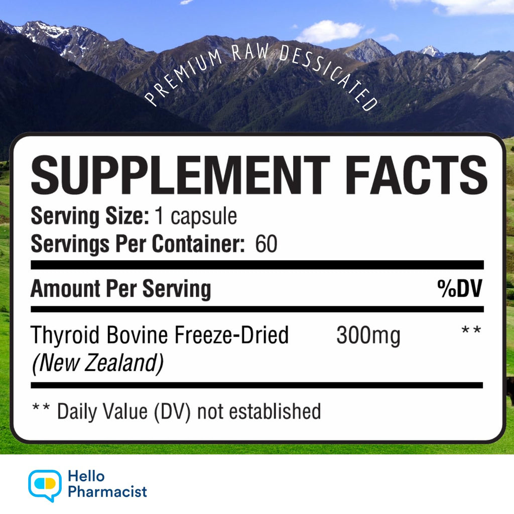 HelloPharmacist Raw Desiccated Bovine Thyroid 300mg Capsule – NZ Grass-Fed, Non-GMO, 60 Capsules