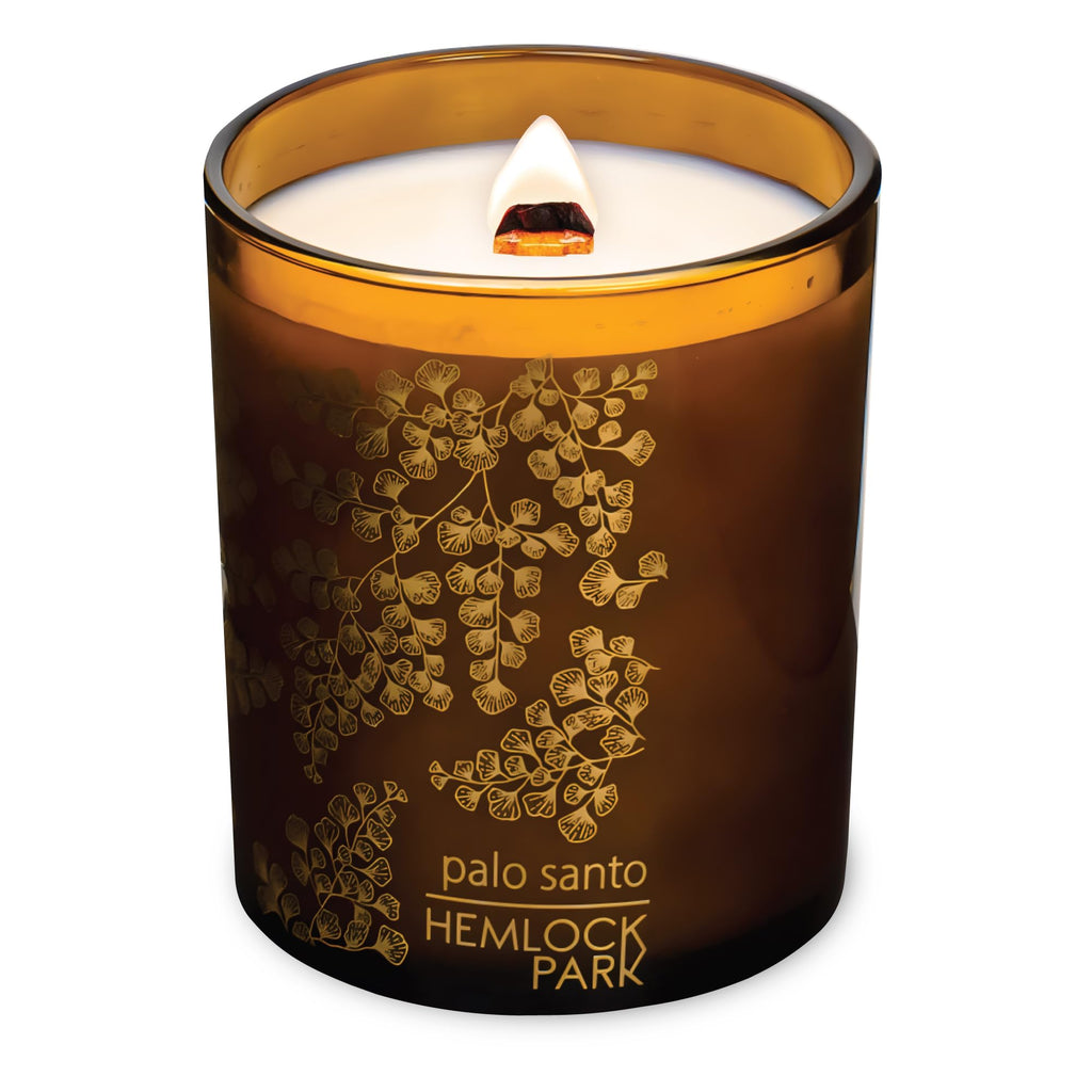 Hemlock Park Amber Gold Leaf Candle – Coconut Wax, Wood Wick, Palo Santo