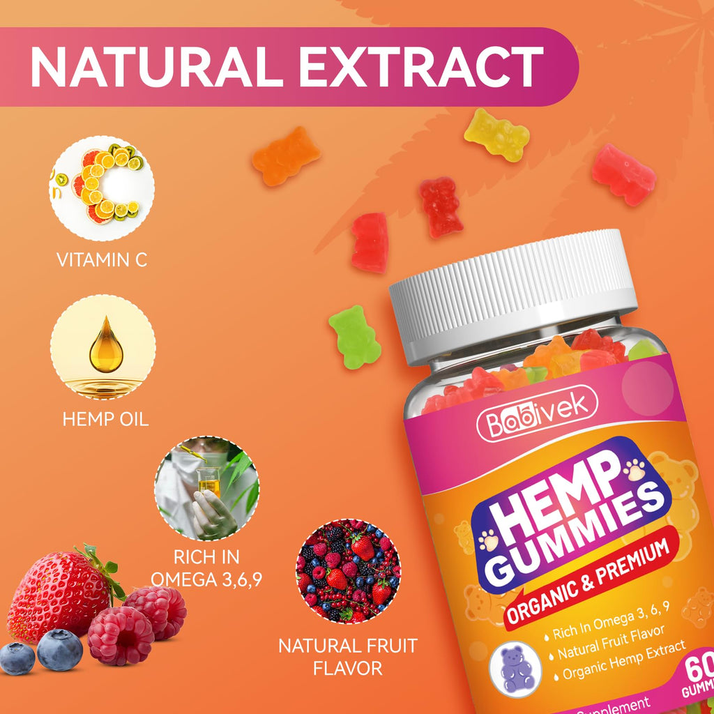 Hemp Oil Gummies with Vitamin C – Vegan, Organic, Non-GMO, Gluten-Free, Fruity Flavor, 60 Gummies(1Pack)
