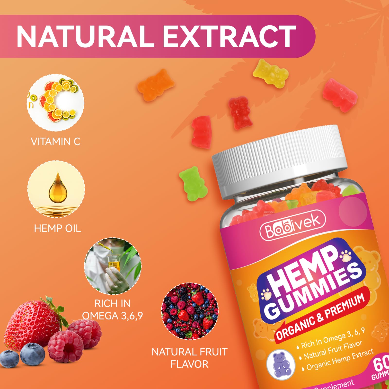 Hemp Oil Gummies with Vitamin C – Vegan, Organic, Non-GMO, Gluten-Free, Fruity Flavor, 60 Gummies(1Pack)