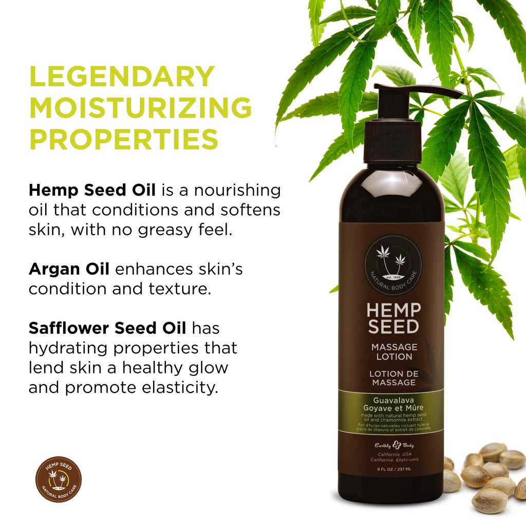 Hemp Seed Massage Lotion, Guavalava - 8 oz - Glides Easily on Skin, Absorbs Slowly & Deeply, Moisturizes, Leaves Skin Silky Soft - Vegan, Cruelty Free