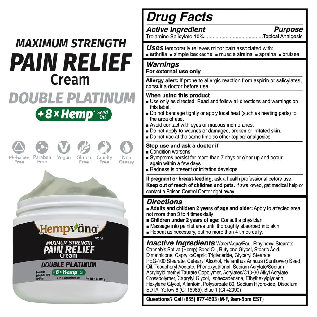 Hempvana Double Platinum Relief Cream – 8X Hemp Seed Oil, Odor-Free, 3 oz | Fast-Absorbing