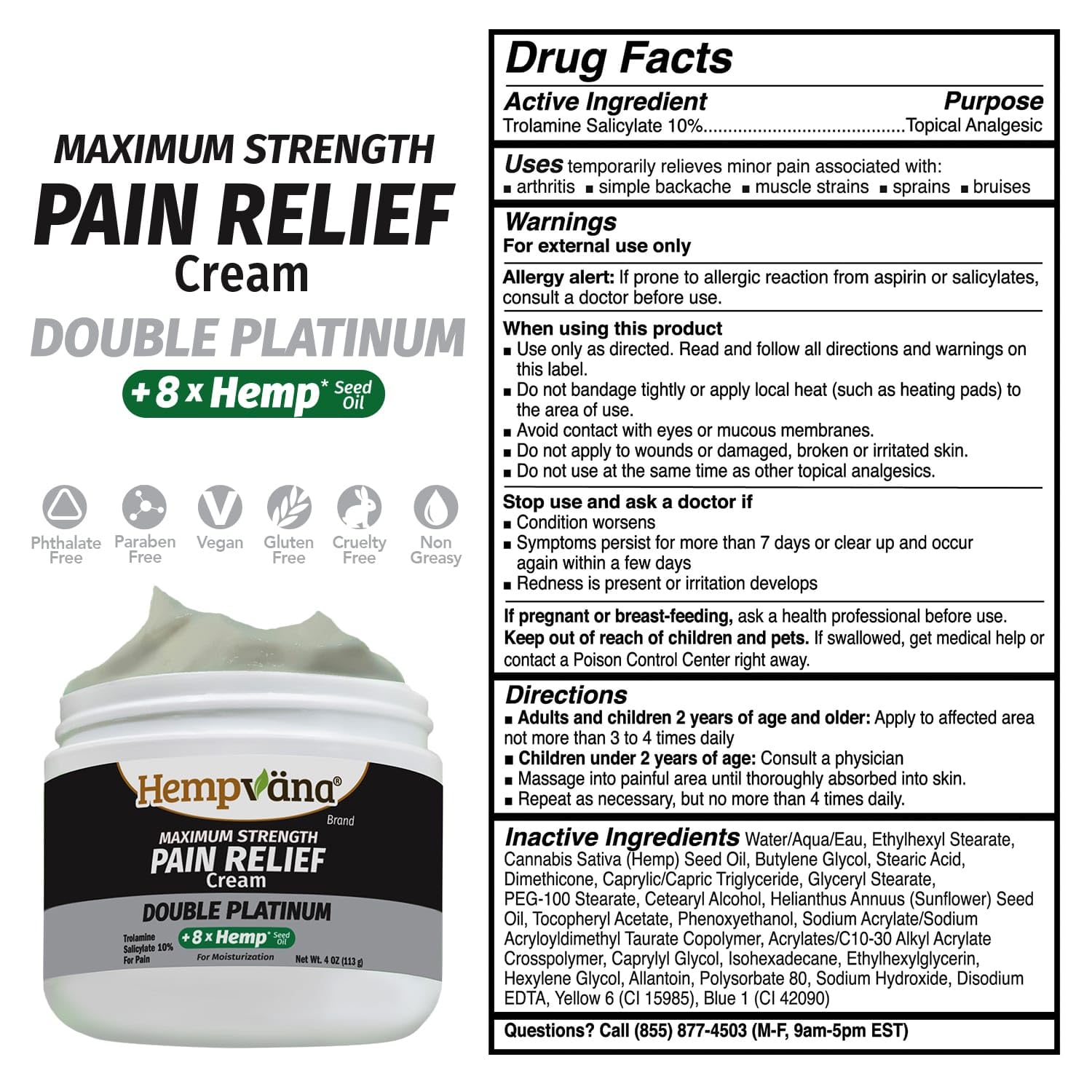Hempvana Double Platinum Relief Cream – 8X Hemp Seed Oil, Odor-Free, 3 oz | Fast-Absorbing