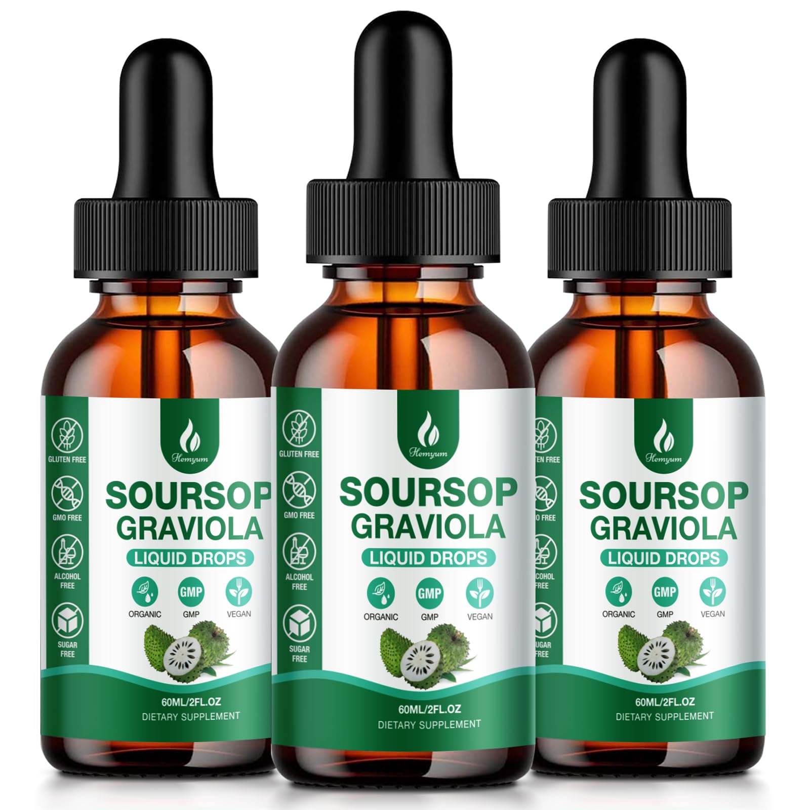 Hemyum Soursop Bitters Liquid (3 Pack) – 7-in-1 Graviola Drops with Organic Sea Moss, 6 oz (180 ml)