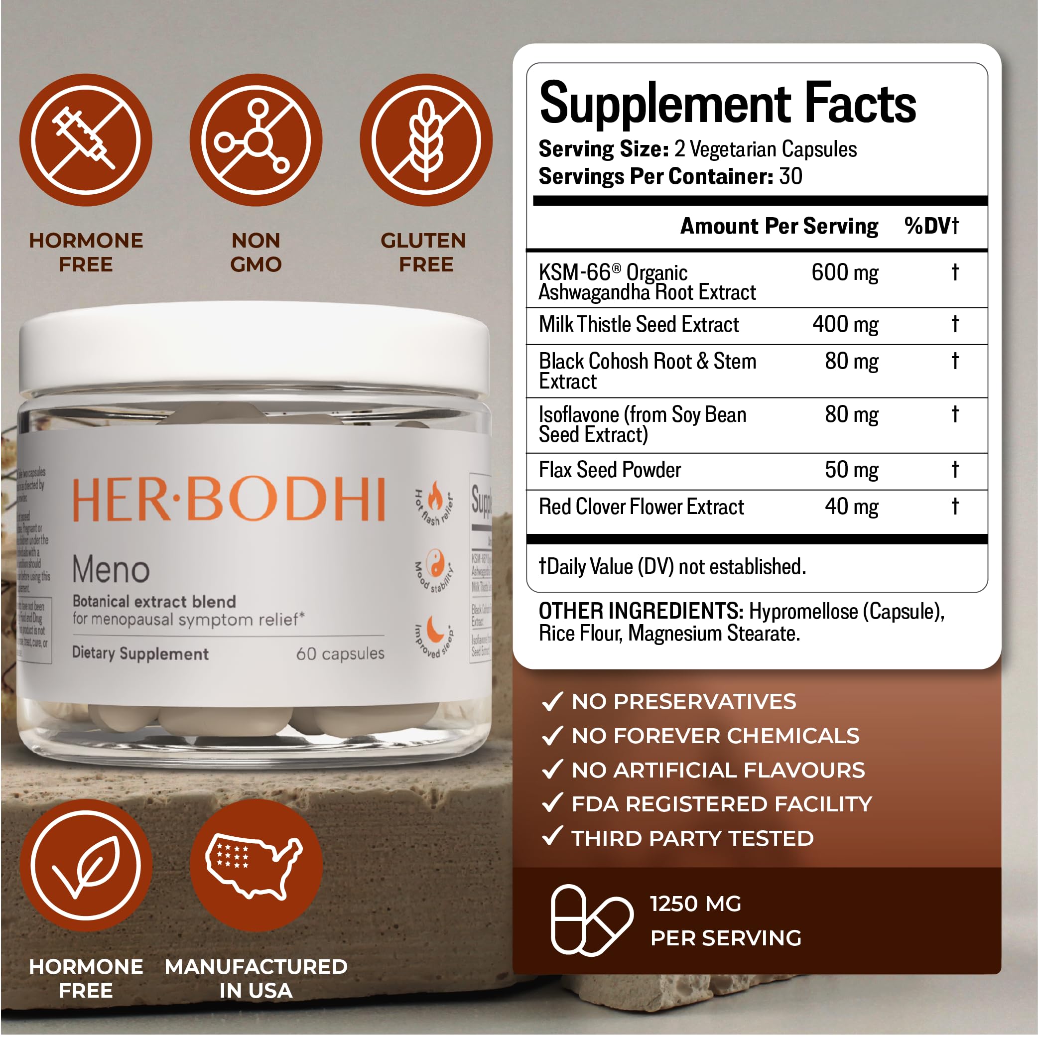 Her Bodhi MENO - Menopause Hormonal Balance Supplement for Women | Estrogen Soy Isoflavones, Ashwagandha, Holy Basil, Black Cohosh | 60 Capsules