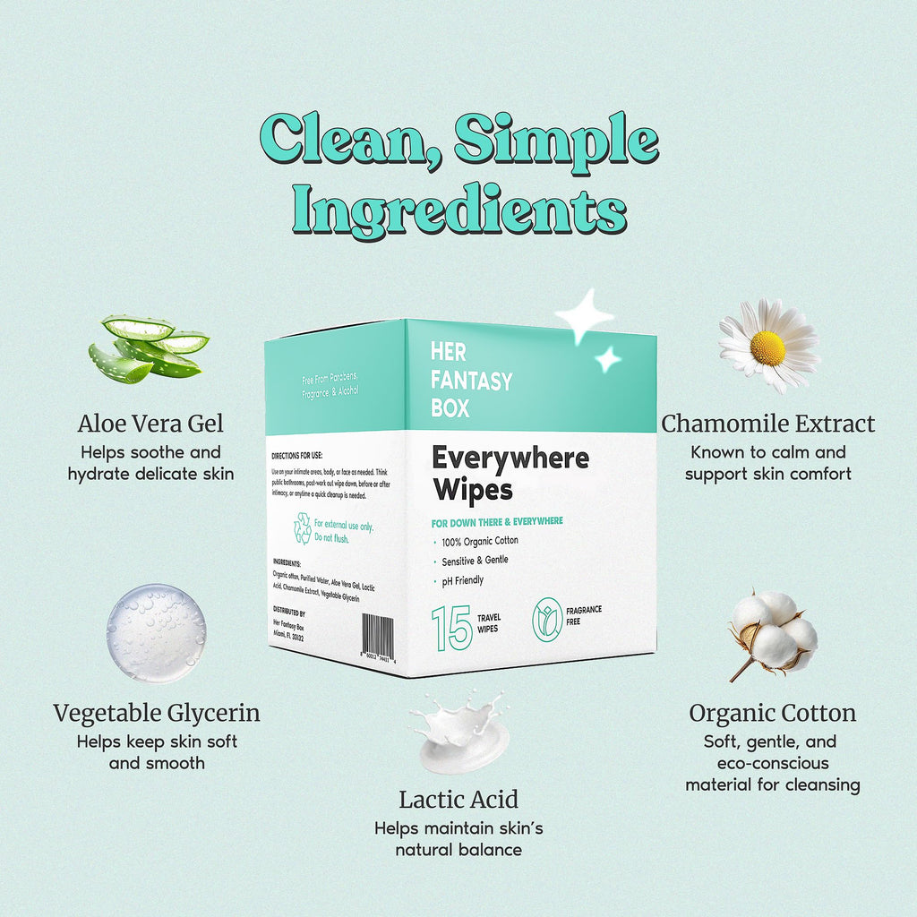 Her Fantasy Box | Everywhere Wipes – 100% Organic Cotton, Gentle & Refreshing, pH-Balanced, Fragrance-Free, Plant-Powered for Body, Face & Intimate Areas, Ideal for Sensitive Skin - 1 Pack, 15 Wipes