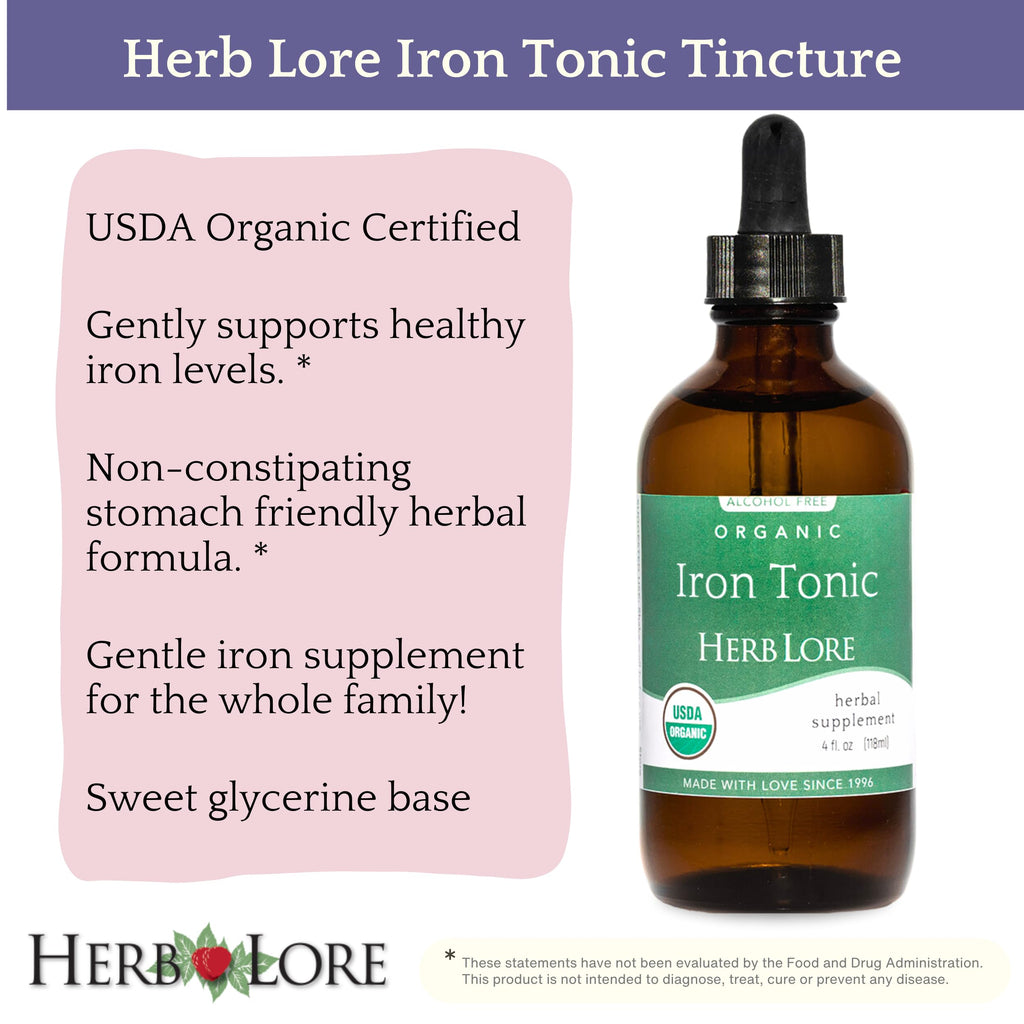 Herb Lore Iron Tonic - Organic Liquid Iron Drops for Kids & Women (4 fl oz) - Plant-Based & Vegan