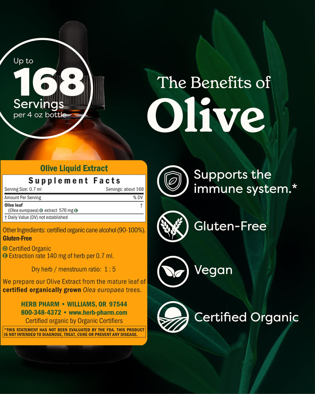 Herb Pharm Certified Organic Olive Leaf Liquid Extract for Immune Support, 4 Fl Oz