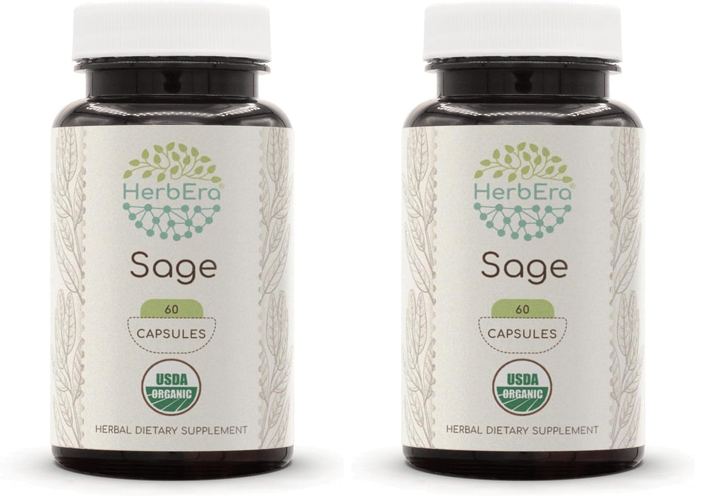 HerbEra Sage USDA Organic 60 Capsules | Natural Herbal Supplement | Certified Organic Sage (Salvia officinalis) Dried Leaf – Pack of 2