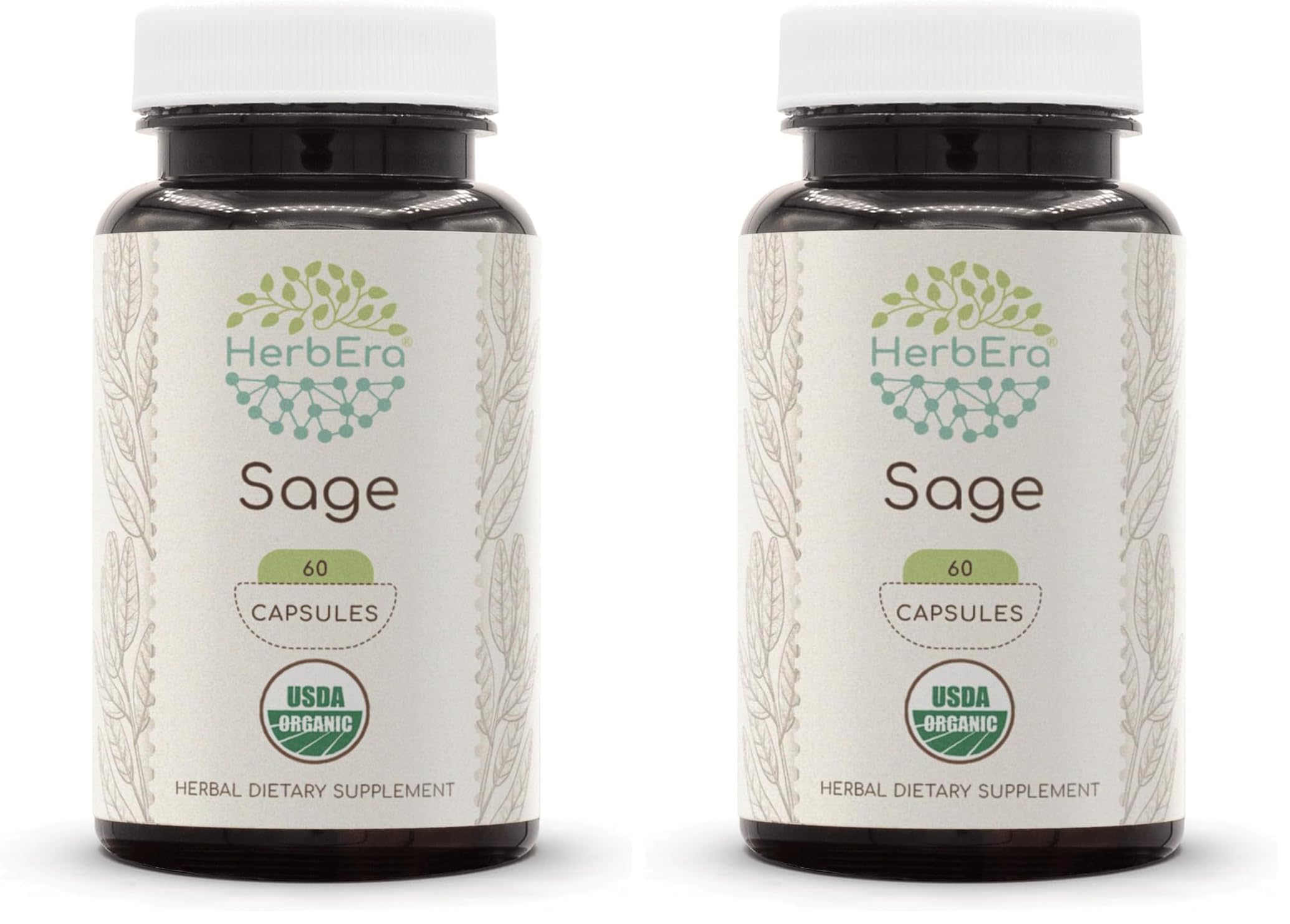 HerbEra Sage USDA Organic 60 Capsules | Natural Herbal Supplement | Certified Organic Sage (Salvia officinalis) Dried Leaf – Pack of 2