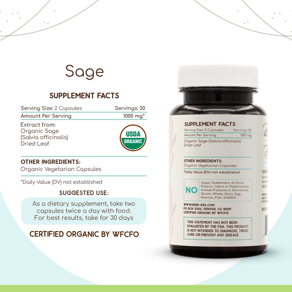 HerbEra Sage USDA Organic 60 Capsules | Natural Herbal Supplement | Certified Organic Sage (Salvia officinalis) Dried Leaf – Pack of 2