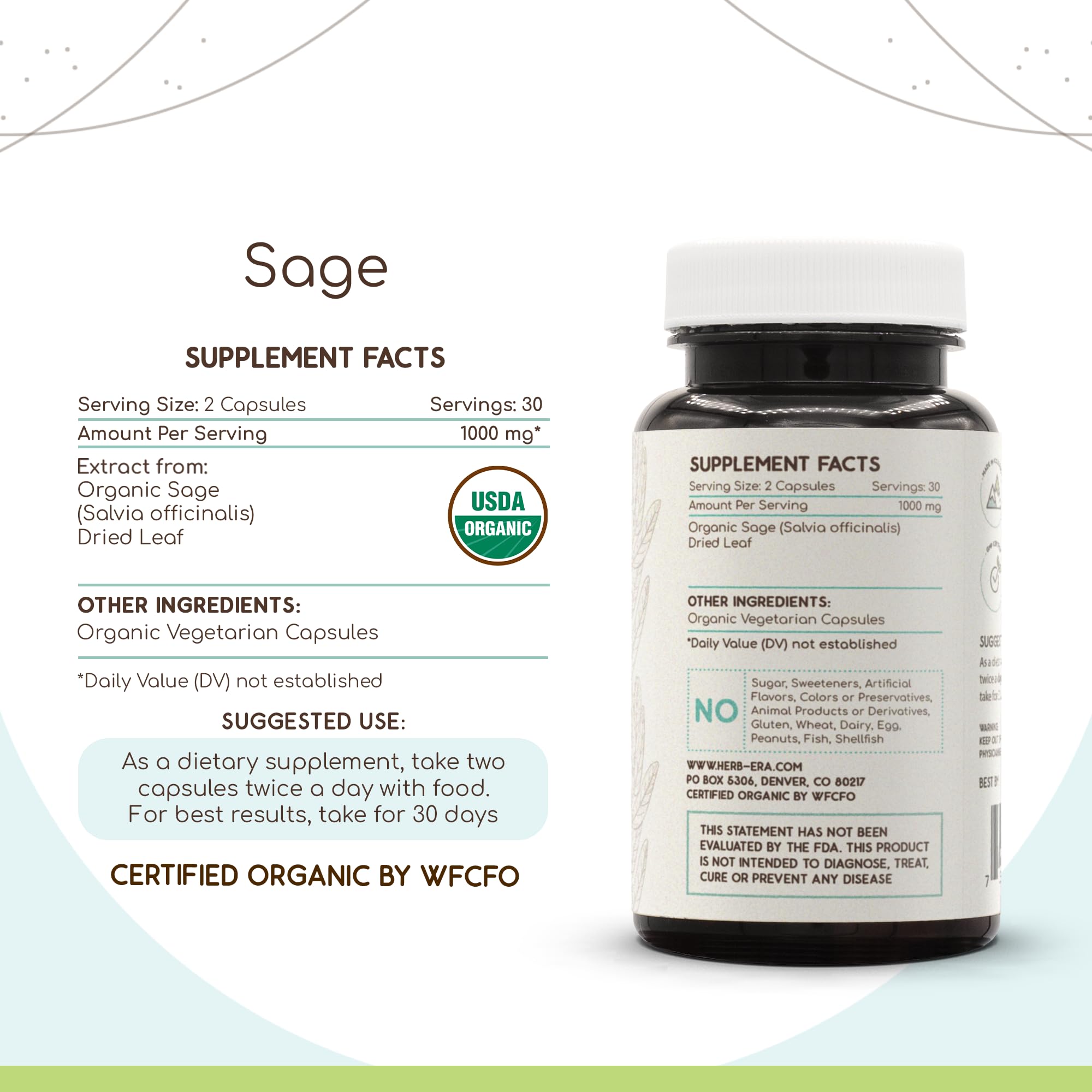 HerbEra Sage USDA Organic 60 Capsules | Natural Herbal Supplement | Certified Organic Sage (Salvia officinalis) Dried Leaf – Pack of 2