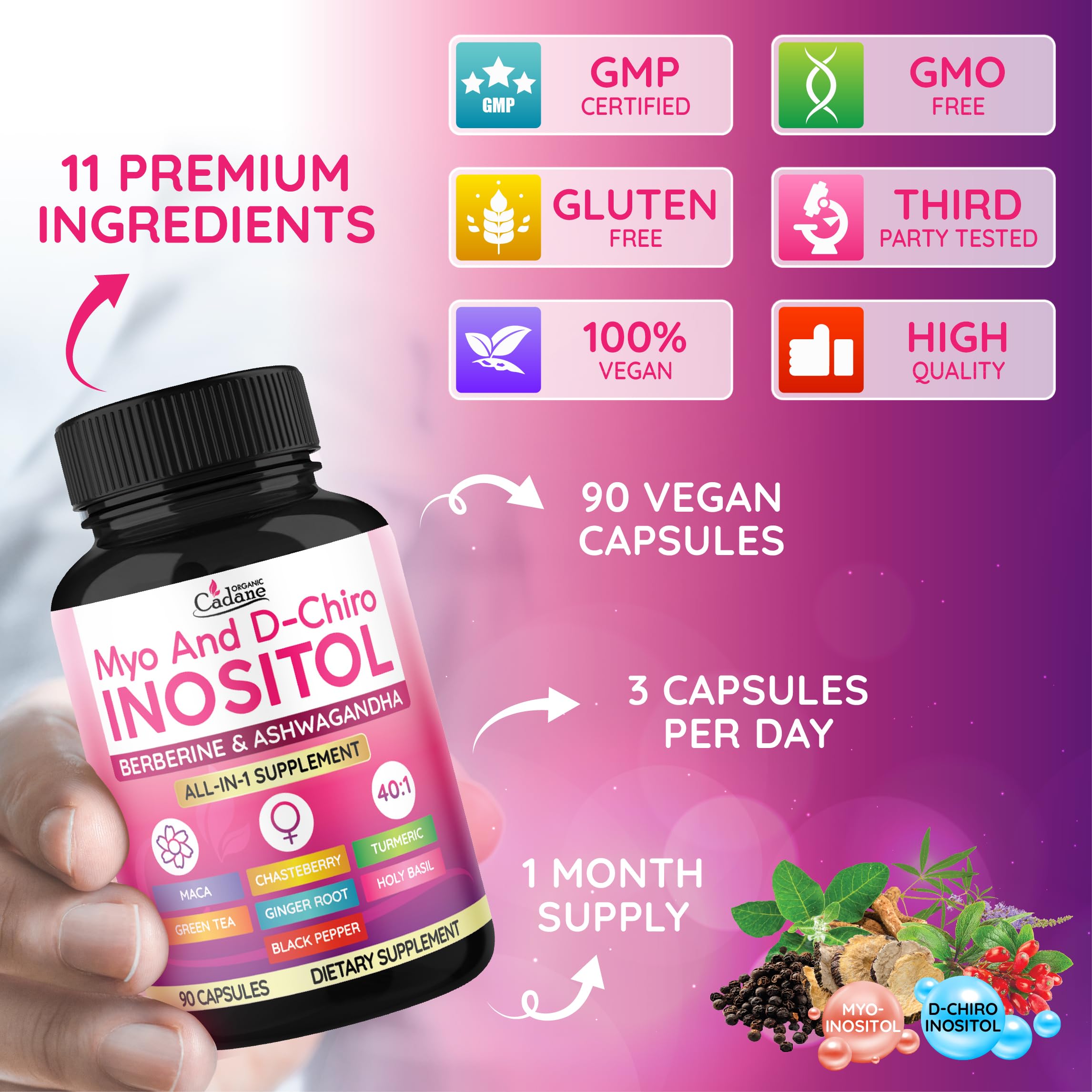 Organic Cadane Myo and D-Chiro Inositol Capsules for Women | with Berberine, Ashwagandha, Maca, Chasteberry & 6 More | Cycle Regularity, Body Management | Vegan, Non-GMO - 90 Capsules