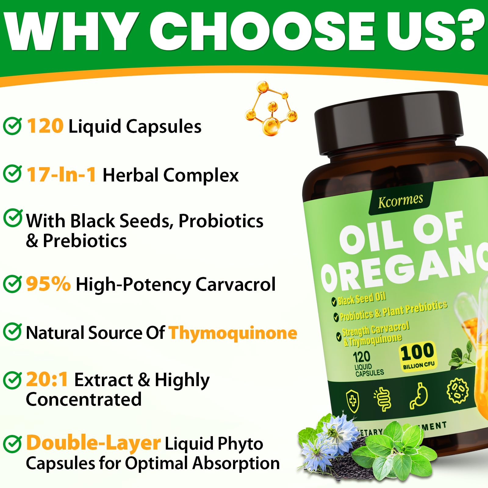 Oil Of Oregano with Black Seed Oil - 20000mg Oregano | 20x Carvacrol & Thymoquinone | 17-in-1 Immune & Digestive Support | 120 Liquid Phyto-Capsules