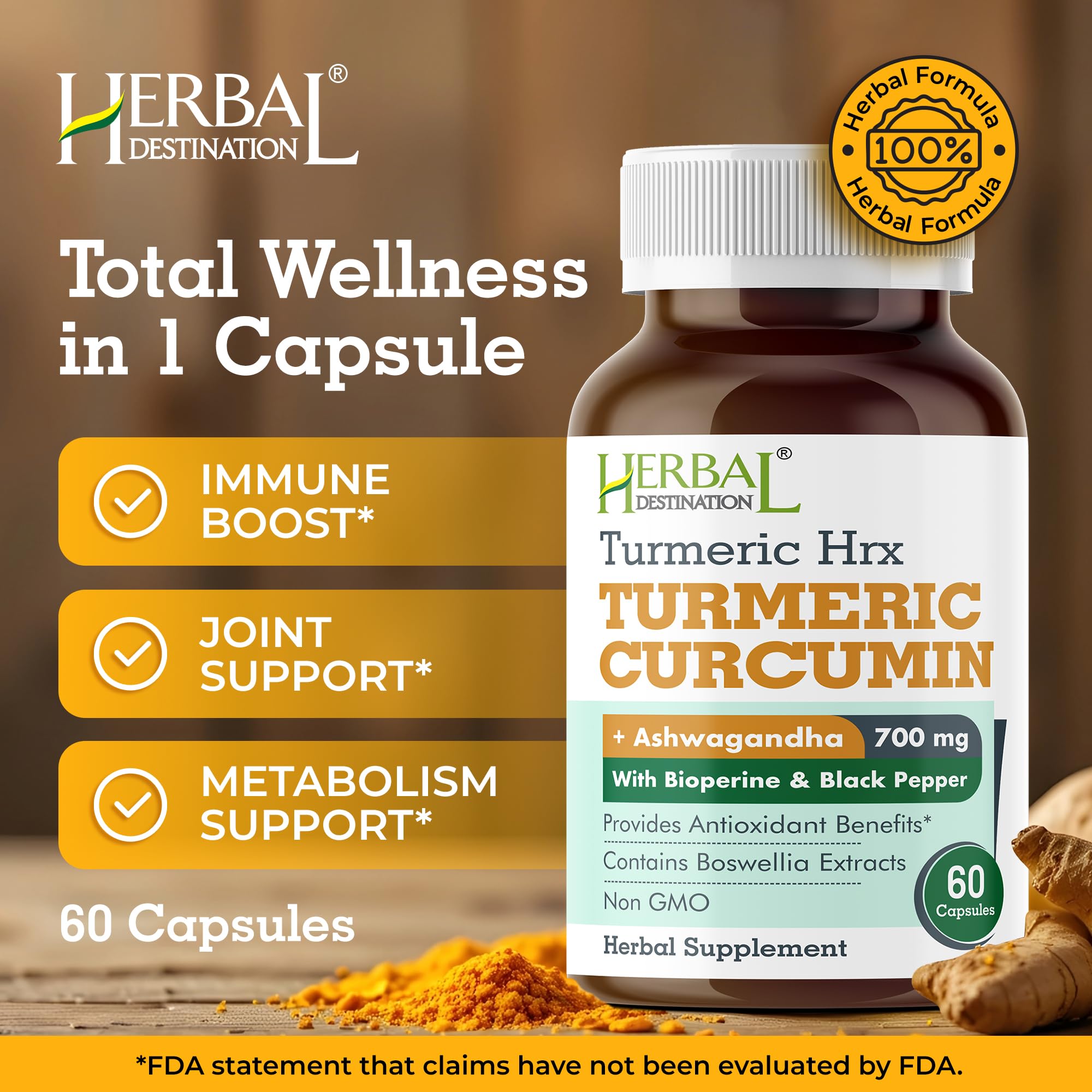 Herbal Destination Turmeric Supplement - Immune Support, Metabolism Booster & Joint Health - 60 Capsules