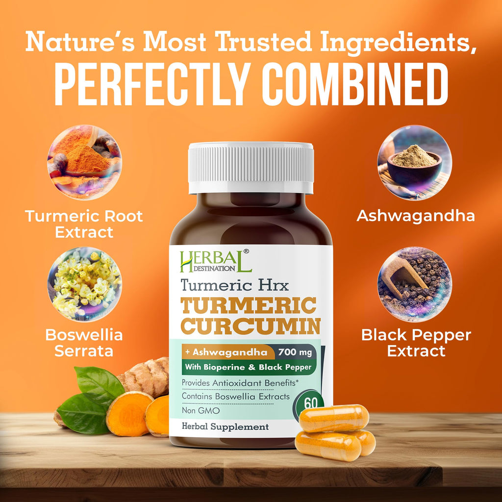 Herbal Destination Turmeric Supplement HRX - 60 Capsules (Pack of 2) | Turmeric Curcumin, Boswellia & Black Pepper Extract