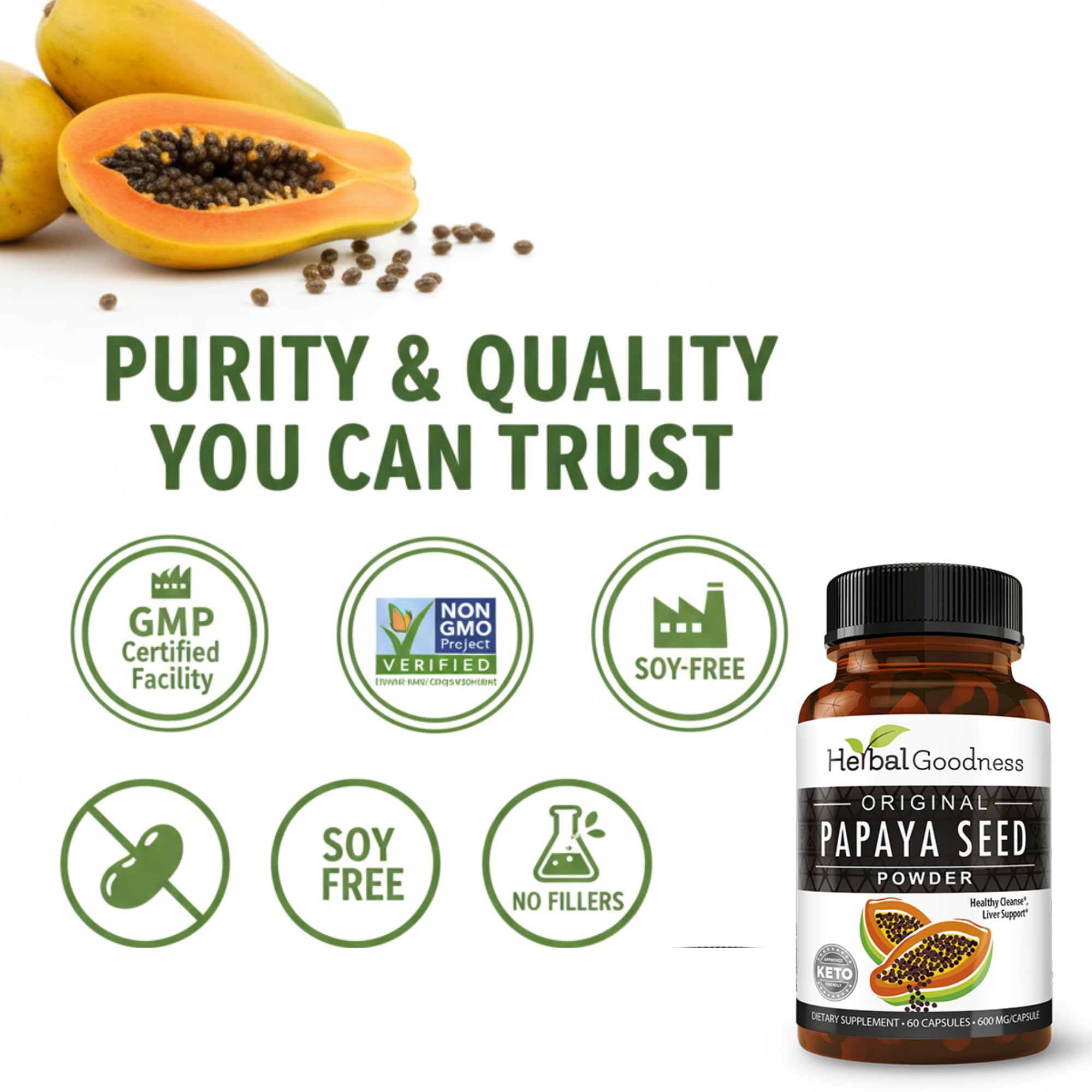Herbal Goodness Papaya Seeds Powder Capsules – 600mg x 60, Organic Papain Enzymes for Digestion