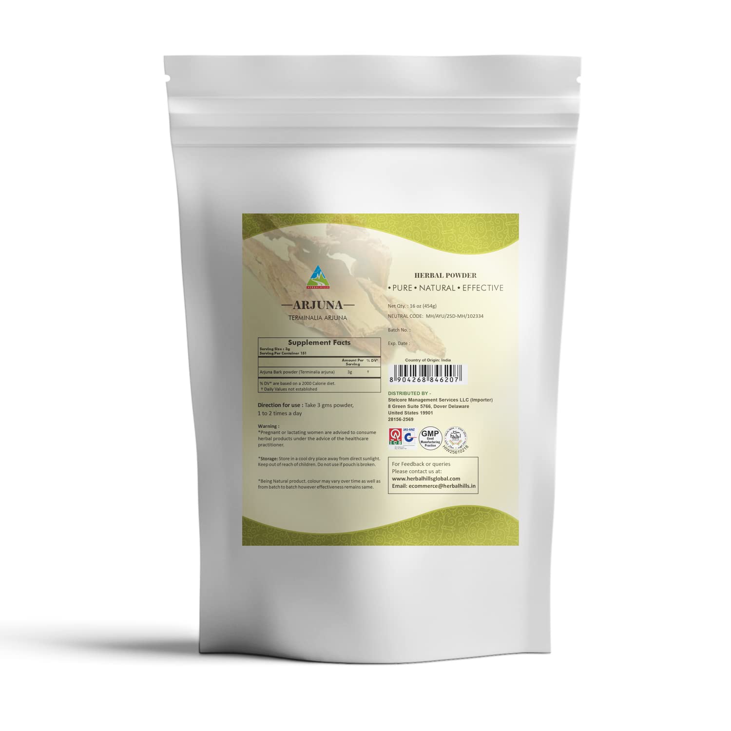HERBAL HILLS Arjuna Bark Powder – Terminalia Arjuna, 16 oz (454 g) – Standardized Extract