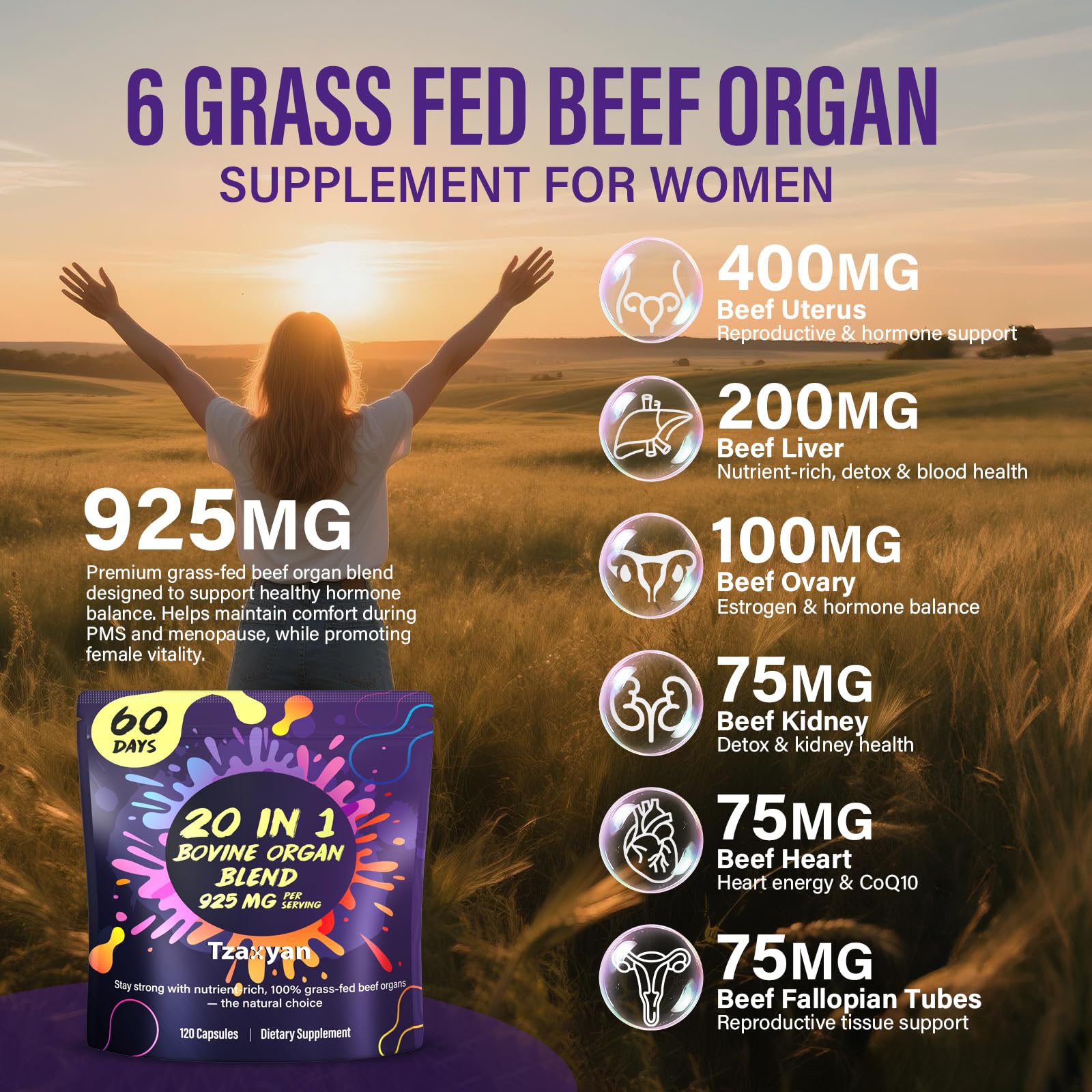 tzaxyan 20-In-1 Beef Organ Supplement for Women – Grass-Fed Liver, Uterus, Ovary & More | Hormone Balance & Energy | 60 Days