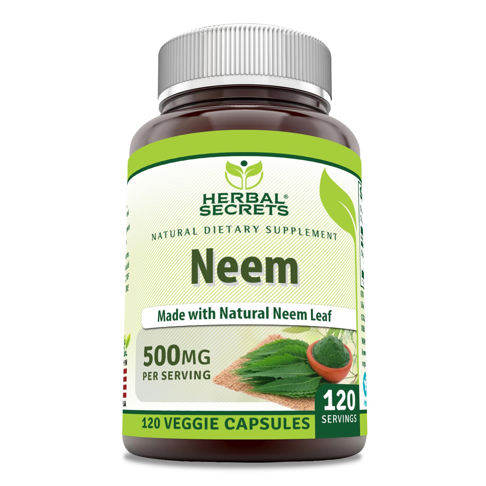 Herbal Secrets Neem Supplement - 500 Mg Per Serving | 120 Veggie Capsules | Non-GMO, Gluten Free, Made in USA