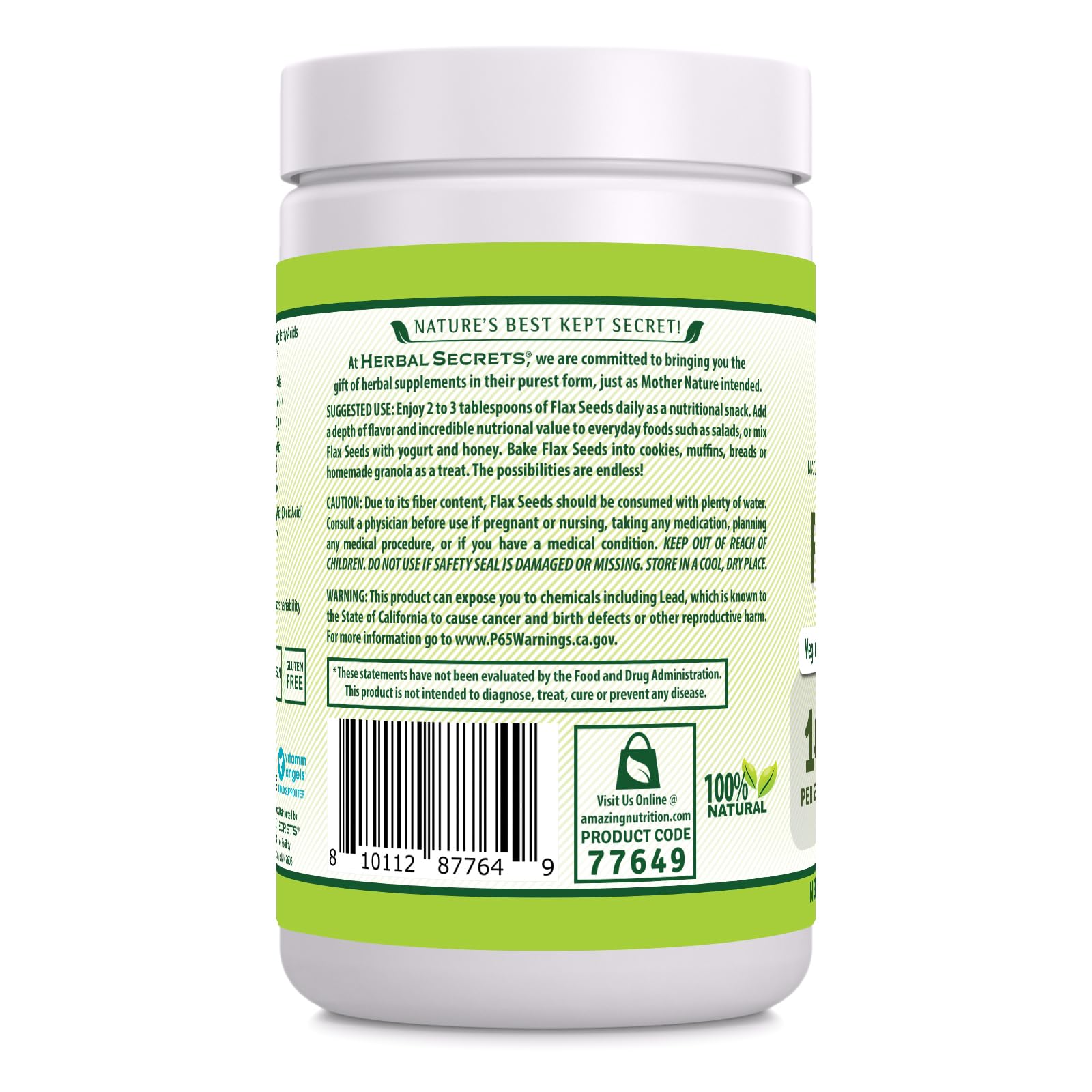 Herbal Secrets Organic Whole Flax Seeds Supplement – 14 g per Serving, 1 lb | Raw Vegan, Non-GMO, Gluten-Free, Made in USA