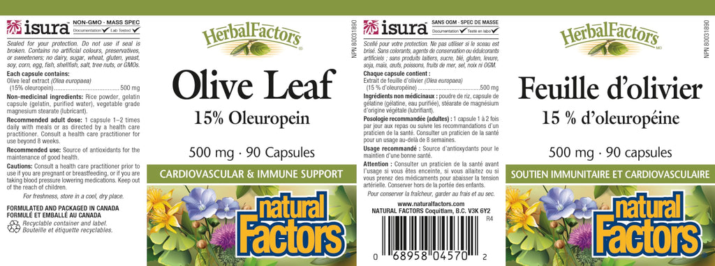 HerbalFactors by Natural Factors - Olive Leaf 500 mg | Natural Wellness Formula | 90 Capsules