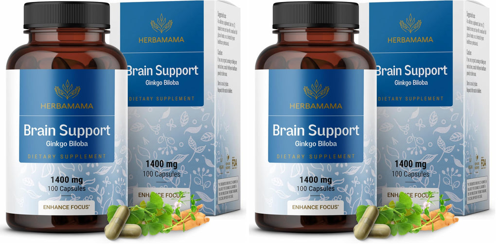 HERBAMAMA Brain Support Capsules – 1400mg Focus Supplement with Bacopa, Ginseng & Ginkgo | Vegan, Non-GMO, 100 Caps (Pack of 2)