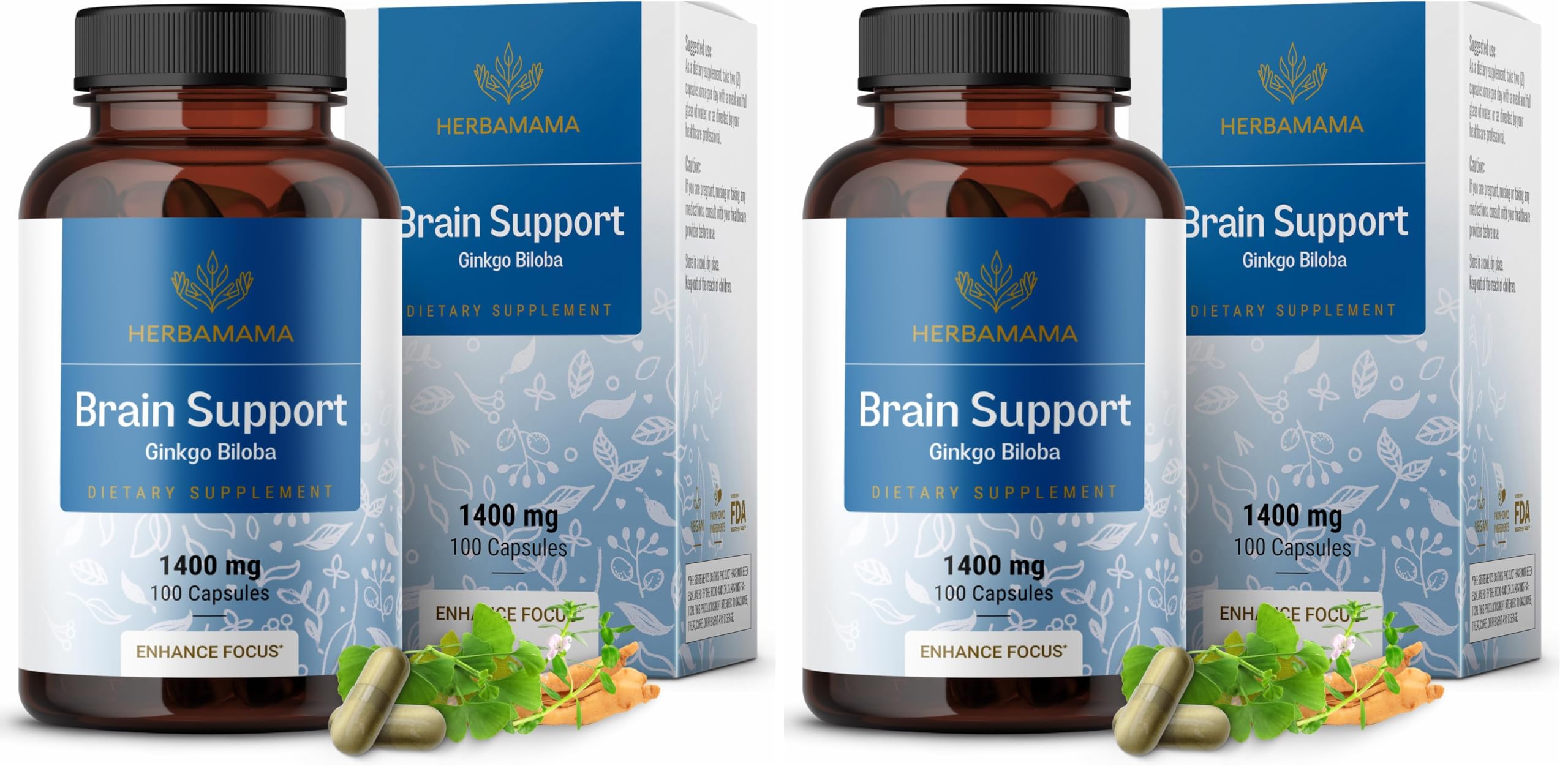 HERBAMAMA Brain Support Capsules – 1400mg Focus Supplement with Bacopa, Ginseng & Ginkgo | Vegan, Non-GMO, 100 Caps (Pack of 2)