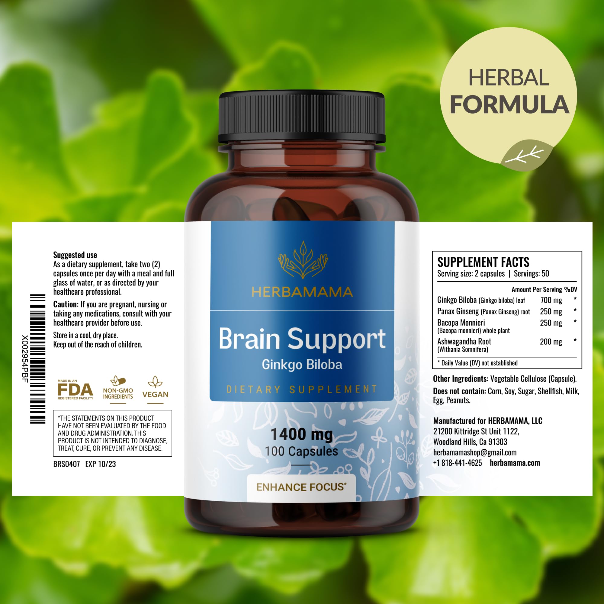 HERBAMAMA Brain Support Capsules – 1400mg Focus Supplement with Bacopa, Ginseng & Ginkgo | Vegan, Non-GMO, 100 Caps (Pack of 2)