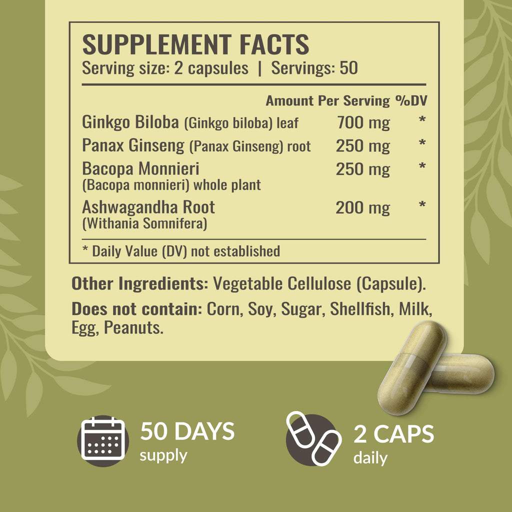 HERBAMAMA Brain Support Capsules – 1400mg Focus Supplement with Bacopa, Ginseng & Ginkgo | Vegan, Non-GMO, 100 Caps (Pack of 2)