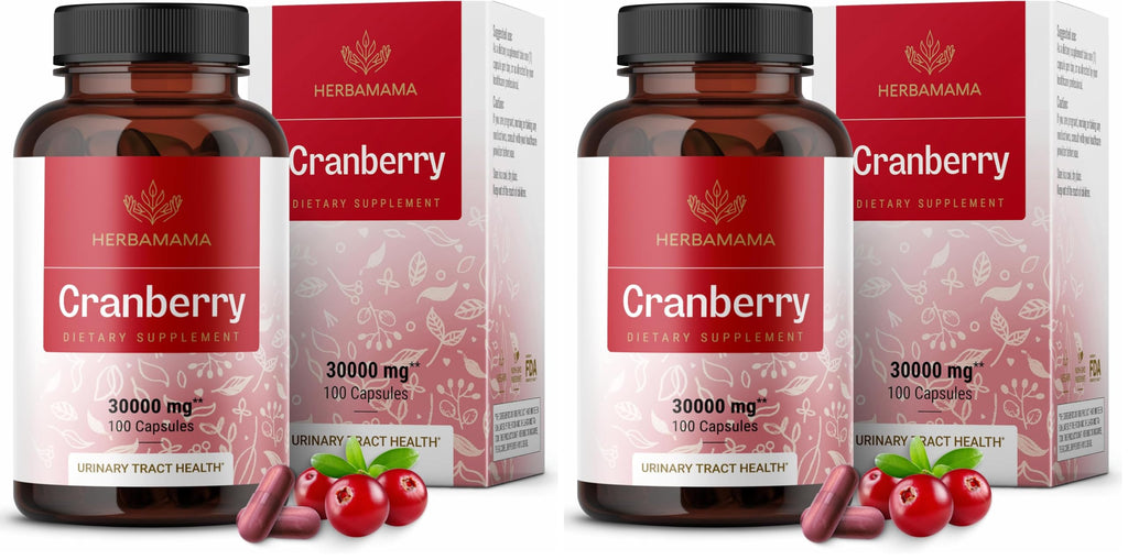 Herbamama Cranberry Extract Capsules – 30,000mg Cranberry Powder for Urinary Tract Support | Vegan, Non-GMO, 100 Caps (Pack of 2)