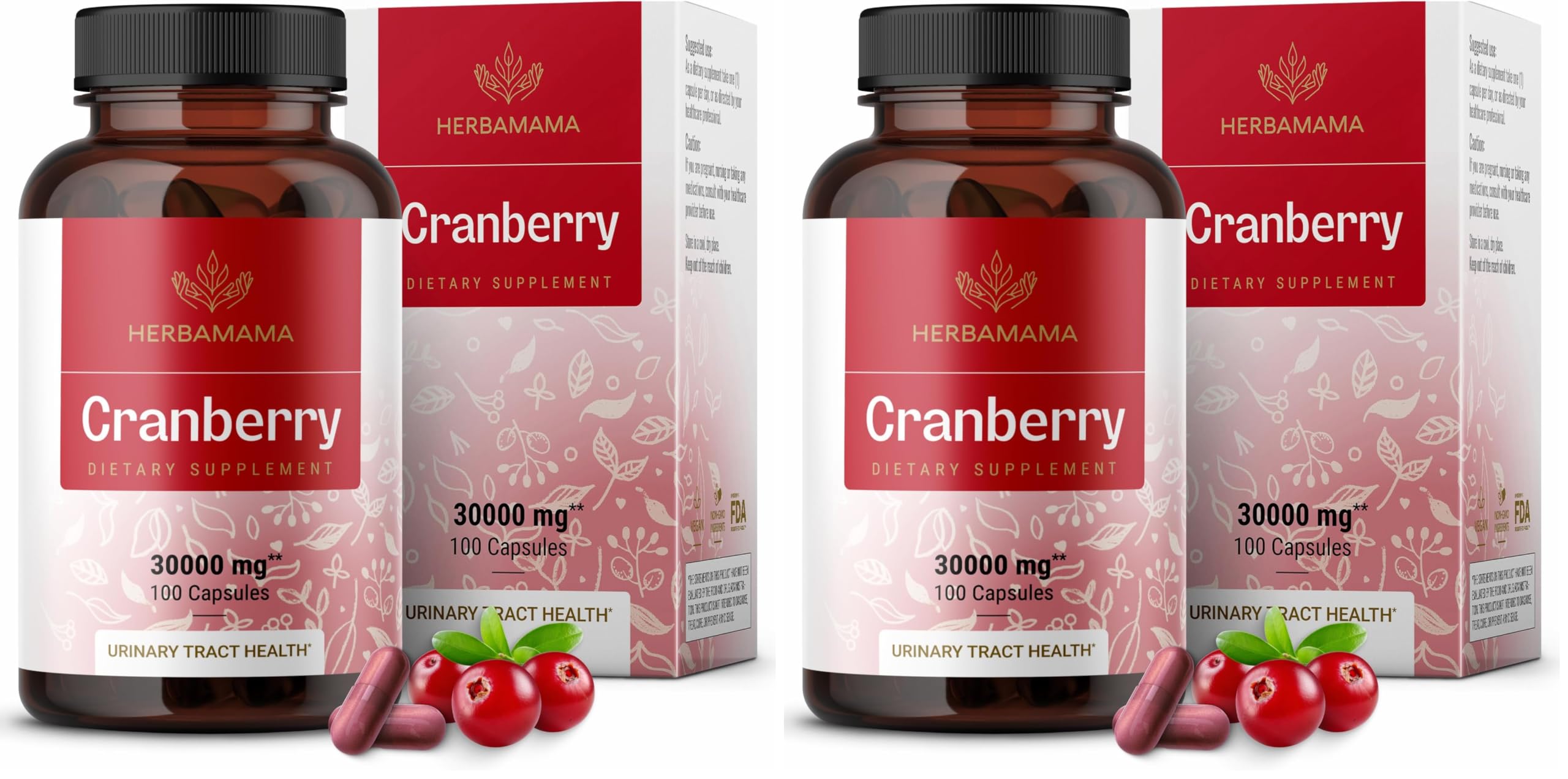 Herbamama Cranberry Extract Capsules – 30,000mg Cranberry Powder for Urinary Tract Support | Vegan, Non-GMO, 100 Caps (Pack of 2)